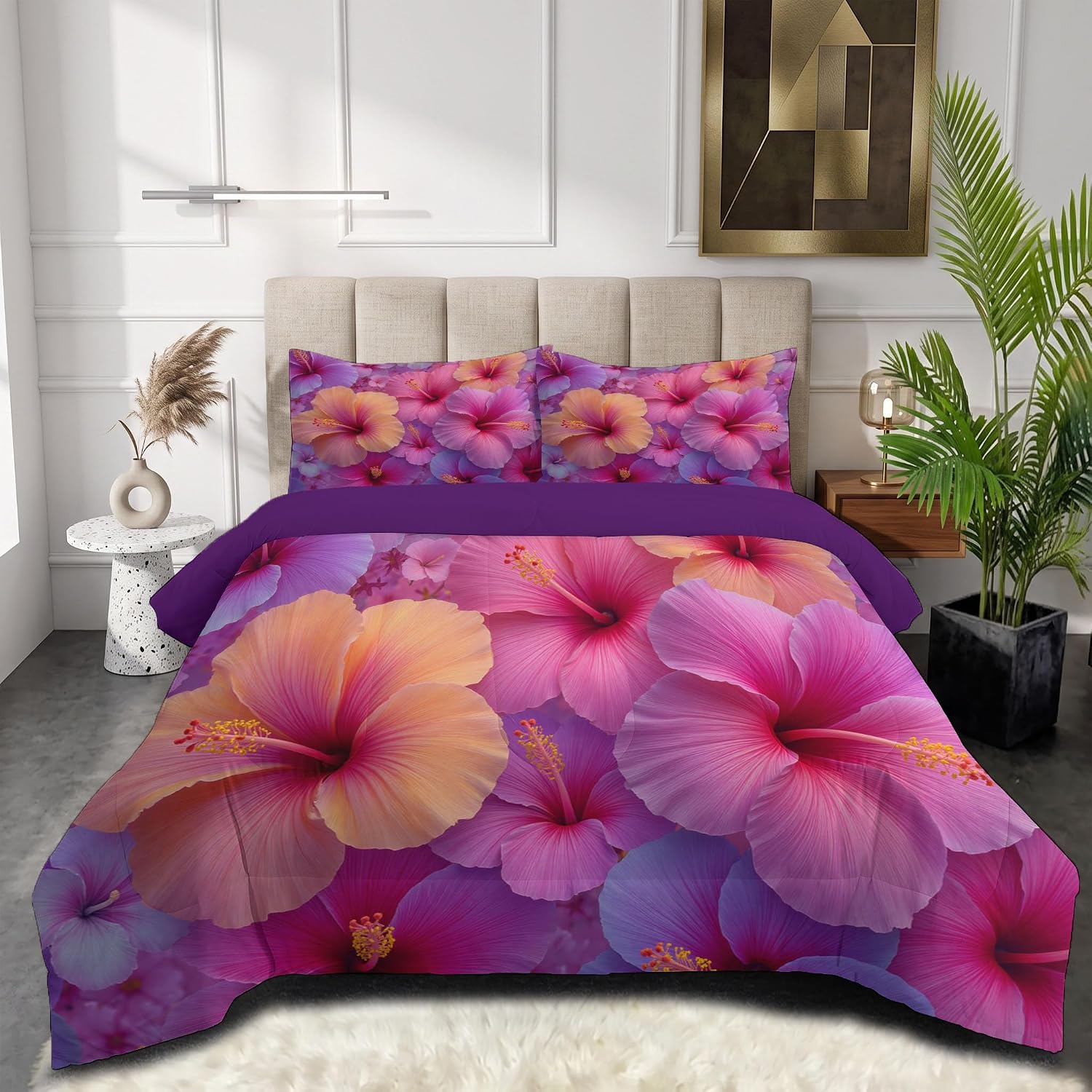 Elegant Flowers Comforter Set Twin Size, Tropical Hibiscus Print Breathable Bedding Set for Girls Boys Teens, Pinkish-Purple Quilt Duvet with 2 Pillow Cases