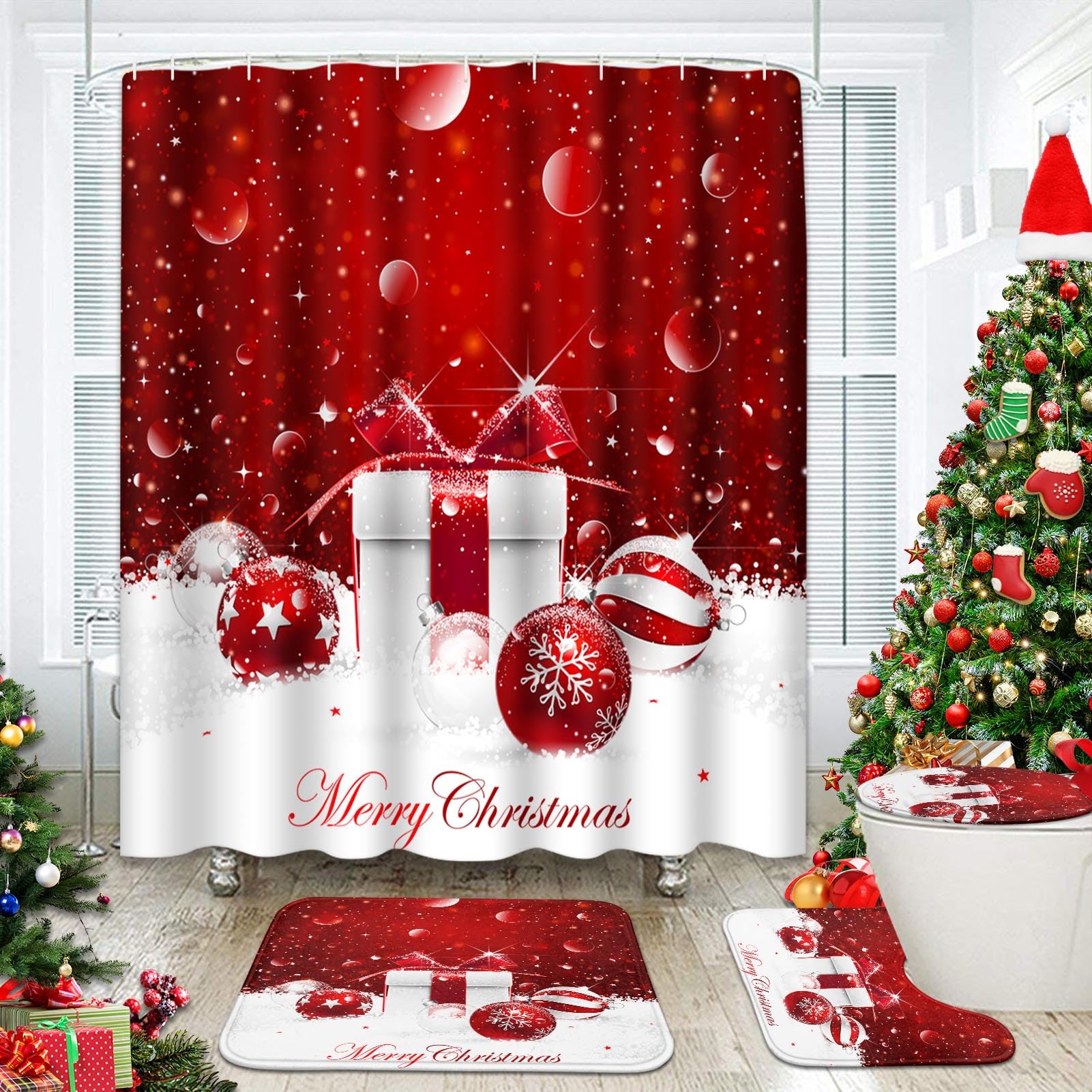 Juego de baño de Navidad con cortina impermeable y alfombras antideslizantes