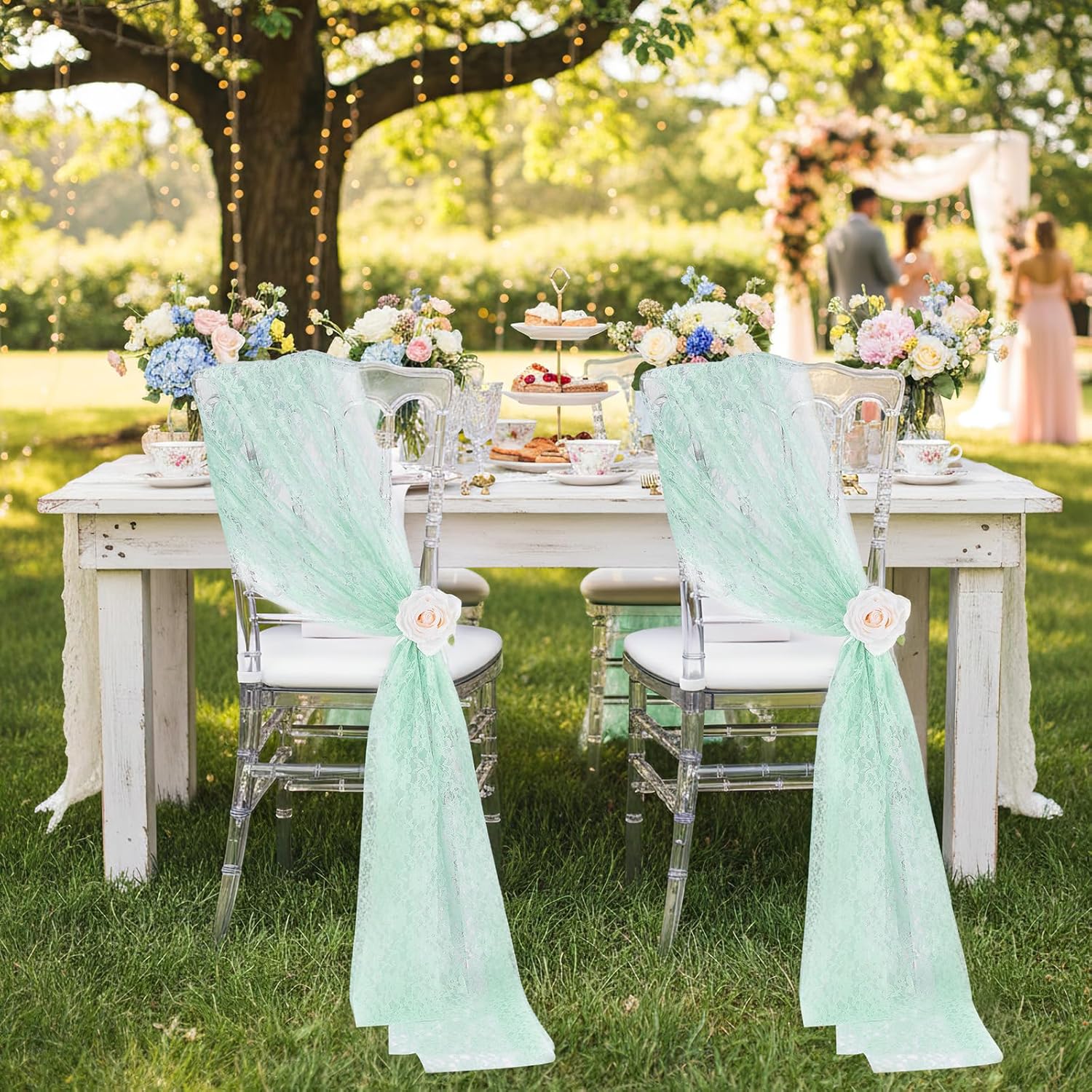 QueenDream Light Green Lace Wedding Chair Sashes 32 Pieces Vintage Boho Rustic Draping Fabric for Ceremony Reception Outdoor Chair Decorations