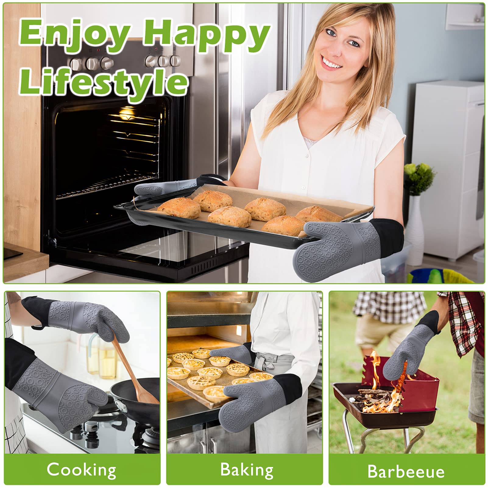 Guanti da Forno in Silicone Impermeabili Antiscivolo: 6 Pezzi Guanti Resistenti al Calore Fino Guanti da Forno e Sottobicchiere Professional per Cucinare Forno Barbecue BBQ Grill & 2 Clip per le Mani