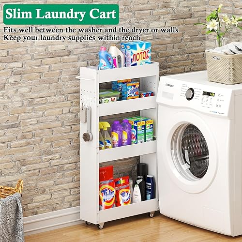 Miniatura 3 de Carrito de almacenamiento delgado, carrito de lavandería estrecho de 4 niveles con ruedas, carrito de almacenamiento estrecho de metal para baño,