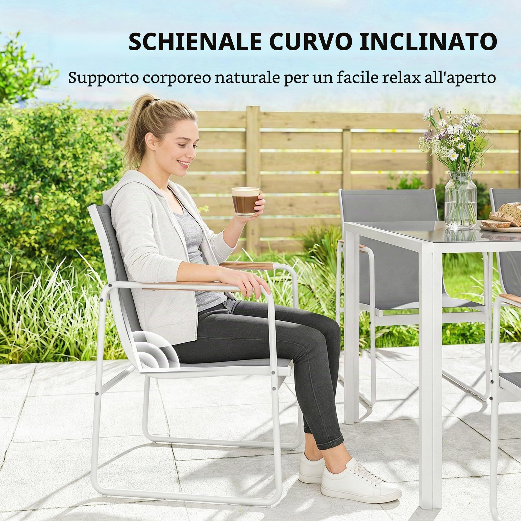 Outsunny Set da giardino composto da tavolo e sedie, 7 pezzi, mobili da giardino per esterni con tavolo in vetro temperato, 6 sedie decorative traspiranti, struttura in acciaio resistente alle