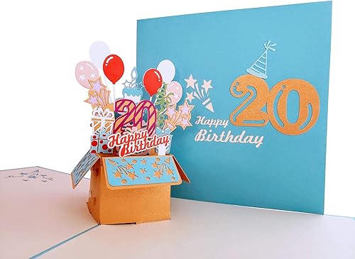 Miniatura 4 de iGifts And Cards Tarjeta de felicitación desplegable 3D con caja de fiesta de cumpleaños número 20 color azul – Veinte, impresionante, globos,