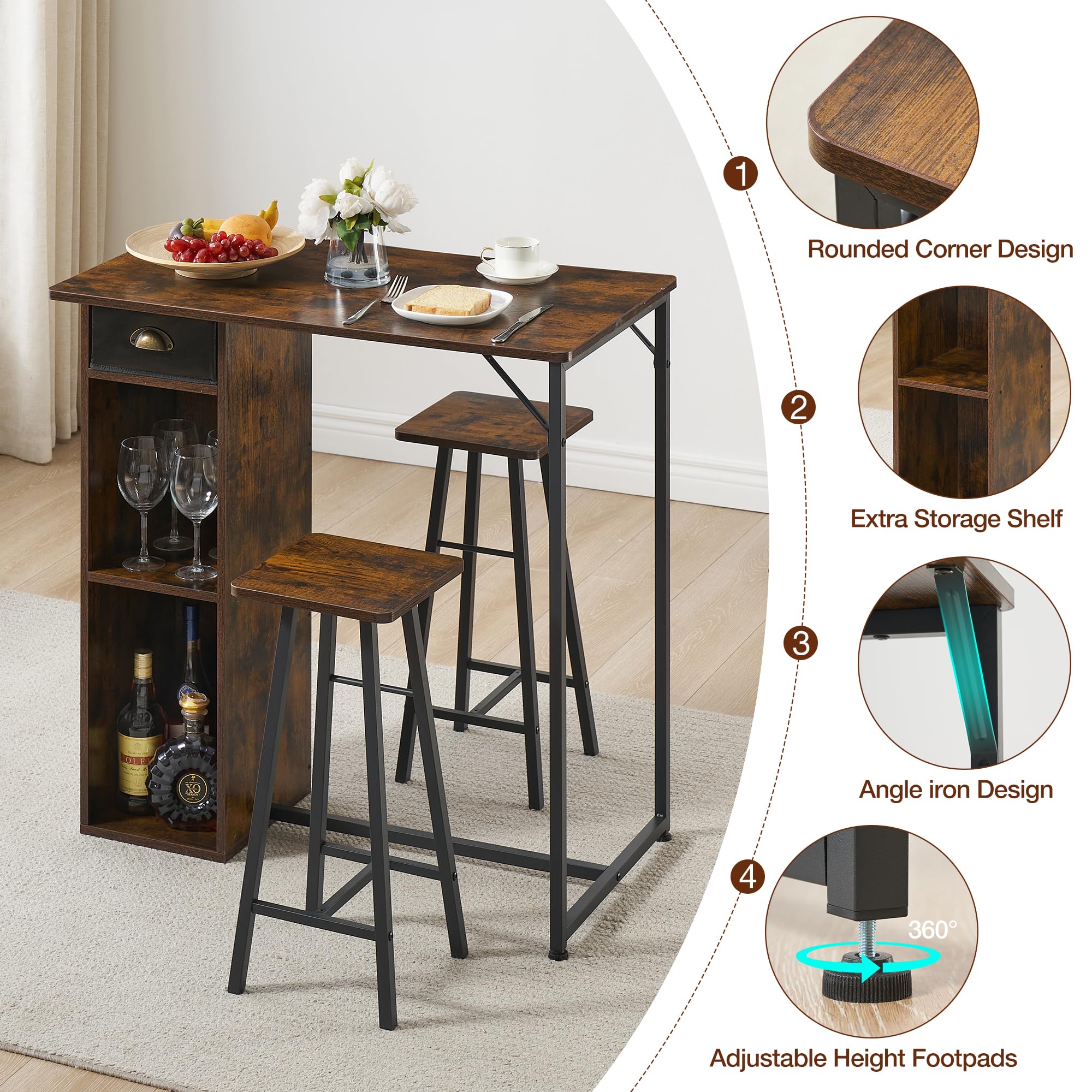 Juego de Comedor de 3 Piezas para 2 Personas, Mesa de Bar y 2 taburetes, Isla de Cocina de Altura de mostrador con estantes de Almacenamiento, cajón, Mesa pequeña de Cocina para Comedor