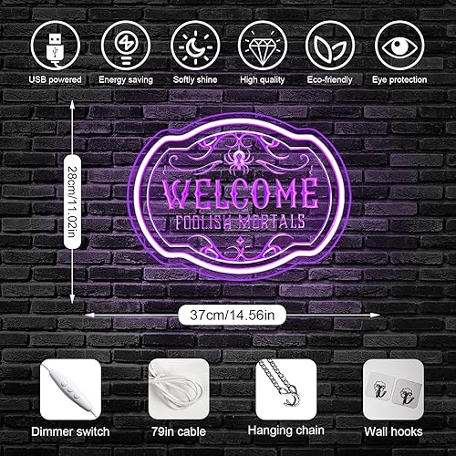 Miniatura 6 de Horseneon Letrero de neón de Navidad con texto en inglés "Welcome Foolish Mortals", mansión embrujada, decoración de pared LED para puerta, Mab