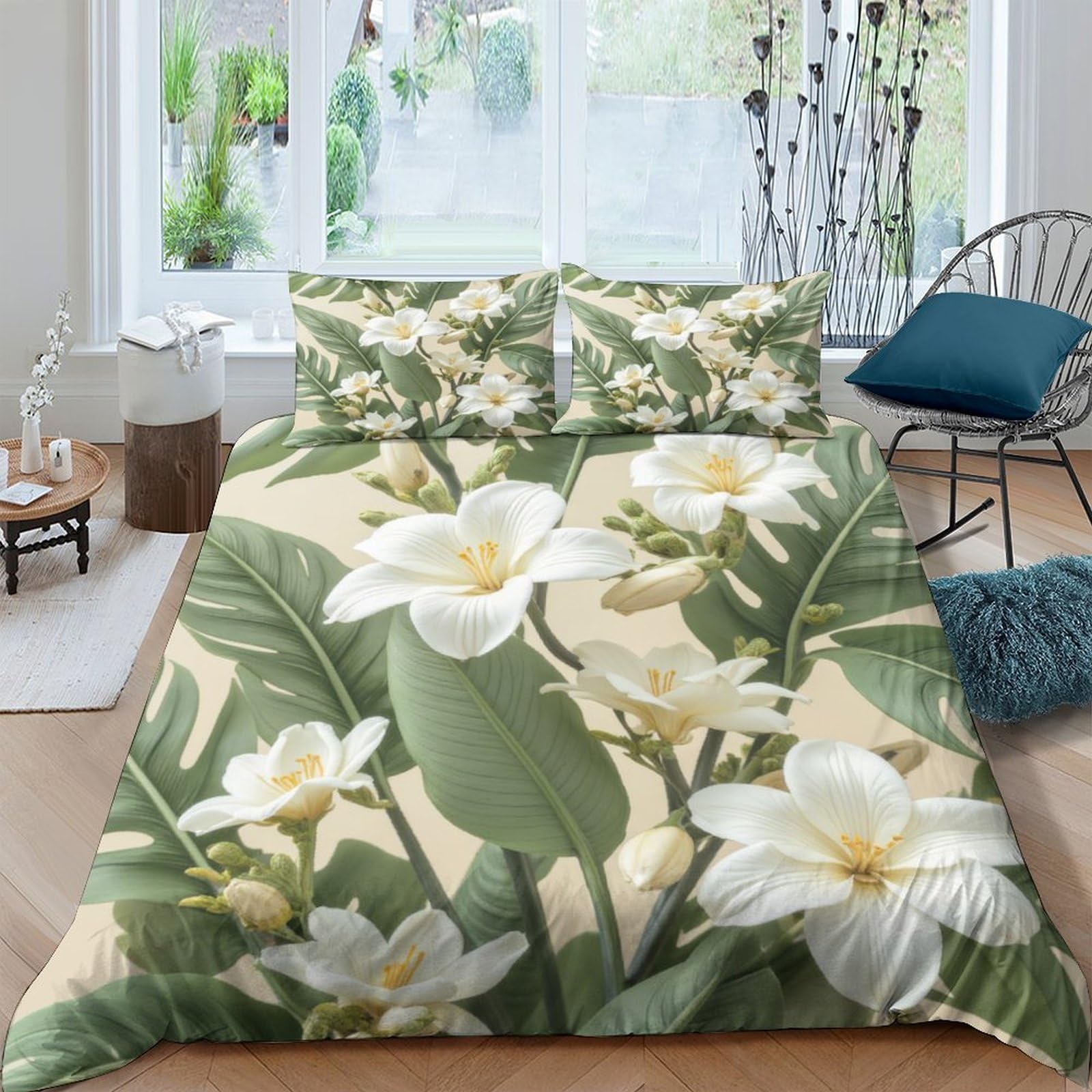 Ctjqhvkz Style-8 3D Printed White Lily Botanical Fitted Sheet Microfiber Anti-Slip Mattress Cover For Bedroom Living Room Decor Single（135X200cm）