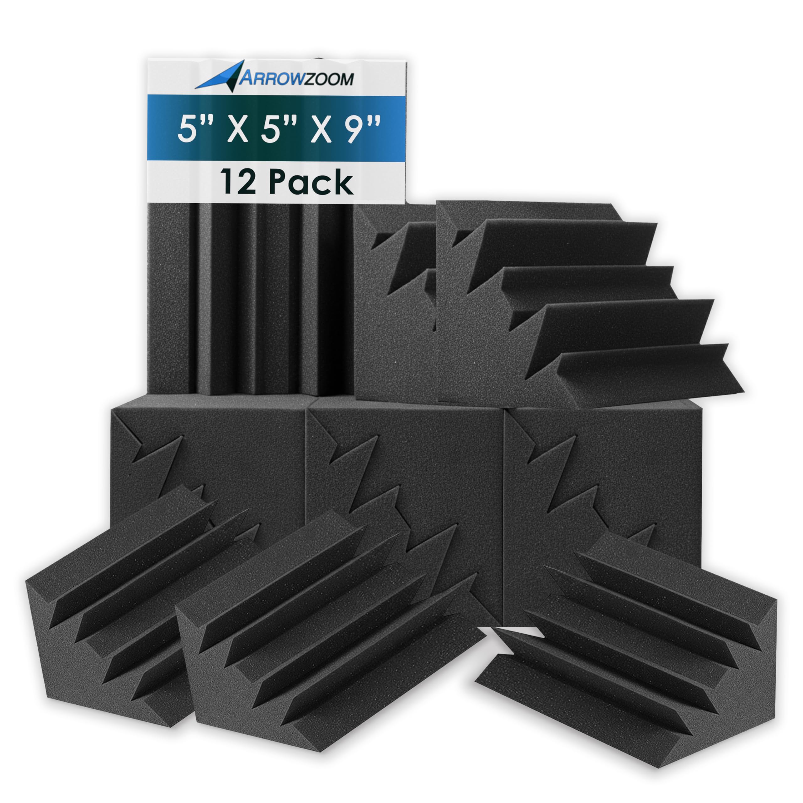 Arrowzoom 12 Pannelli Fonoassorbenti Bass Trap Correzzione acustica Ritardante di Fiamma Isolamento Acustico 12x12x24cm Nero