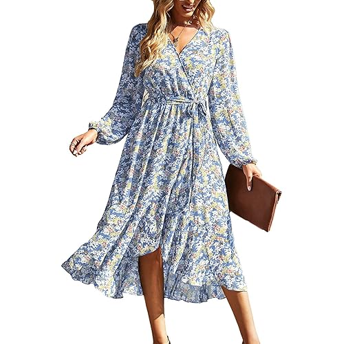 PRETTYGARDEN Women's Floral Print Boho Dress Long Sleeve Wrap V Neck Ruffle Belted A-Line Flowy Maxi Dresses