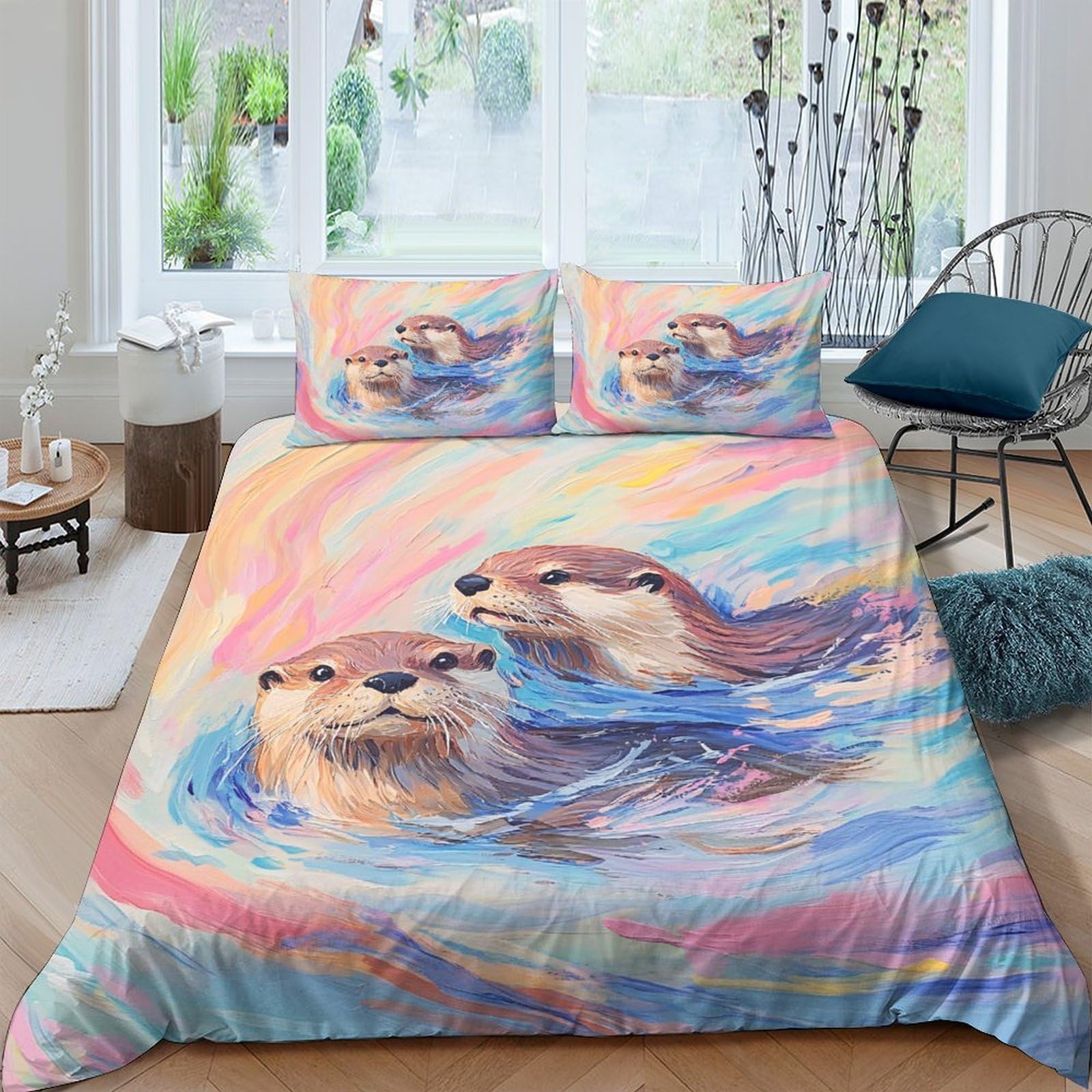 Ctjqhvkz Style-10 3D Printed Otter Watercolor Fitted Sheet Microfiber Soft Pastel Animal Bed Cover For Bedroom Dorm Mattress Decor Single（135X200cm）