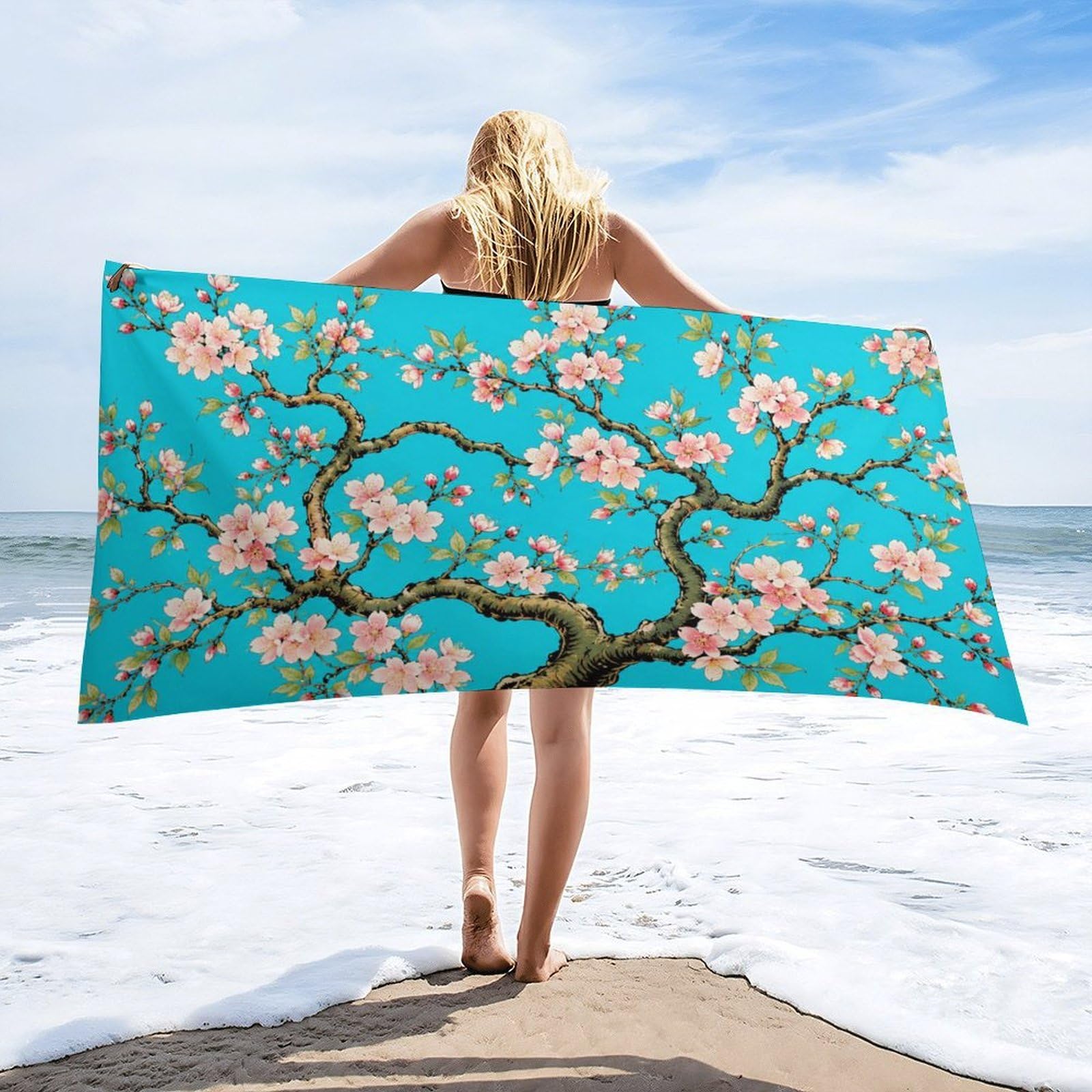Anceky Cherry Blossom Tree Beach Towel 32"×63",Soft Microfiber Bath Towel Shawl, Quick Dry Absorbent Pool Spa Gym Shower Towel