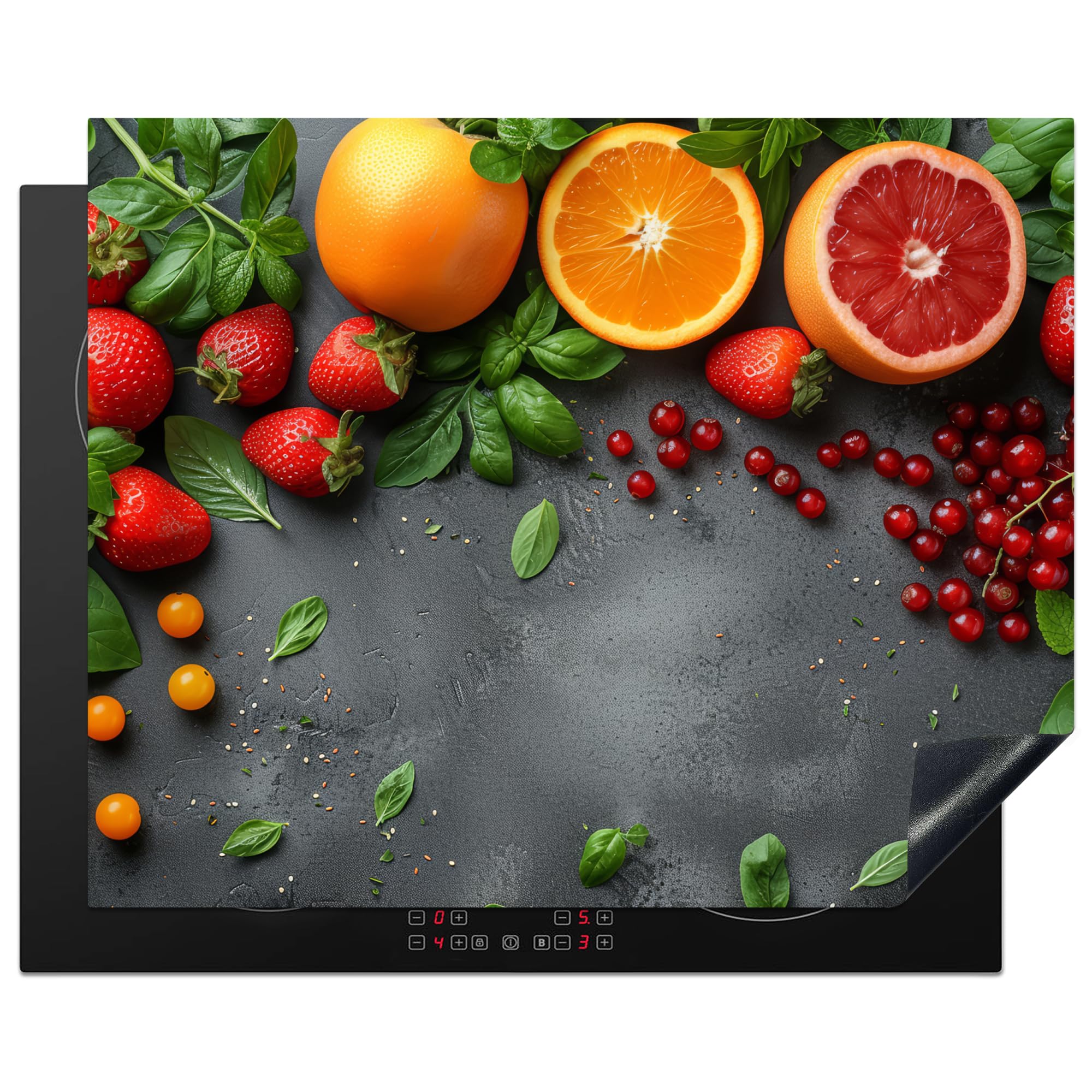 KitchenYeah© Herdabdeckplatte 65x52 cm Induktion Schutzmatte Küche Herdabdeckung Ceranfeld Induktionsmatte Cerankochfeld Abdeckung Obst - Beton - Orange - Erdbeere