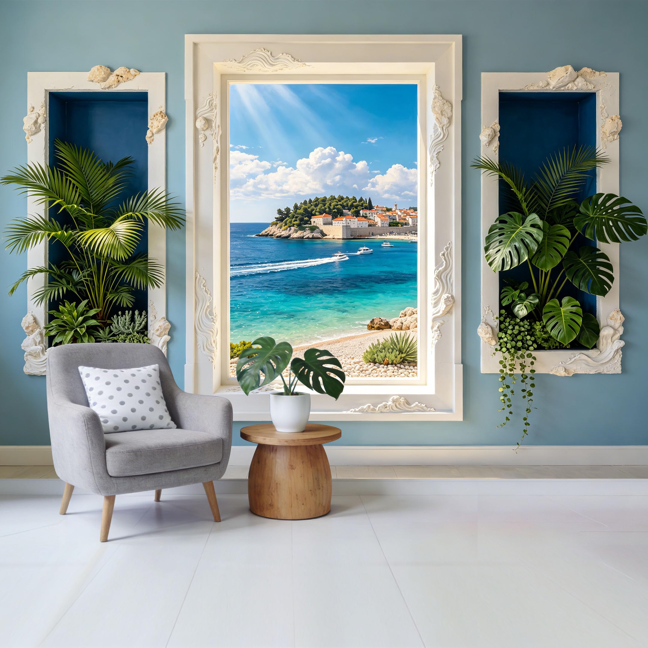 Custom Size Wall Mural Coastal Ocean View with Palm Leaves and Mediterranean Seaside Landscape Removable Self Adhesive Fabric Home Wall Decor for Living Room Bedroom Bathroom