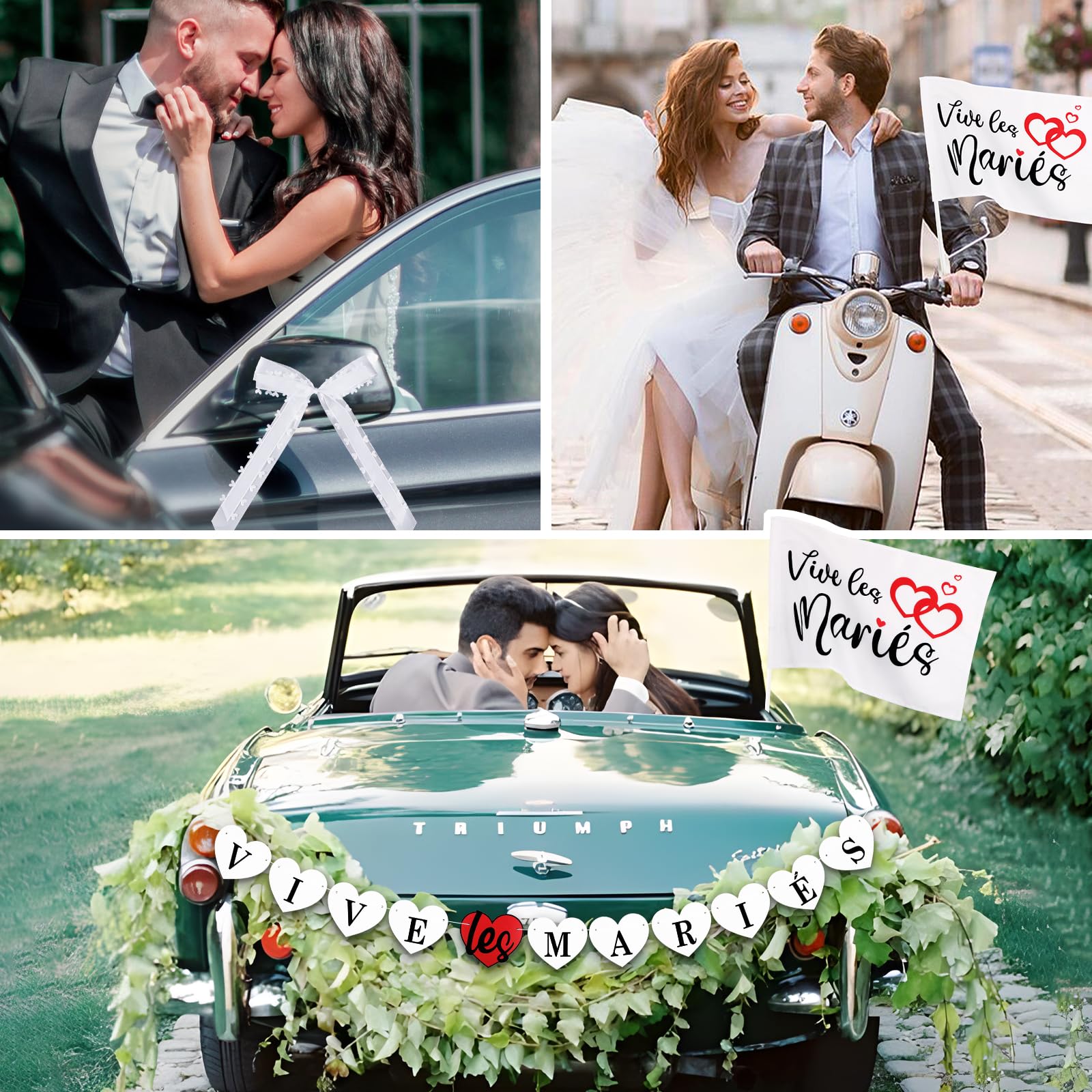 2pcs Drapeau pour voiture imprimé Vive Les Mariés +Bannière Vive Les Mariés Banderole de Mariage en Forme de Coeur + 10pcs Nœuds Blancs avec mini Cœurs Decorative Decoration pour Mariage