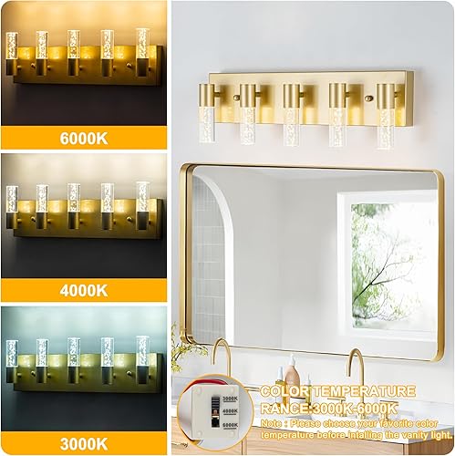 Miniatura 4 de Lámparas de tocador de baño sobre espejo, revestimiento de acabado dorado cepillado, 5 apliques de pared para baño
