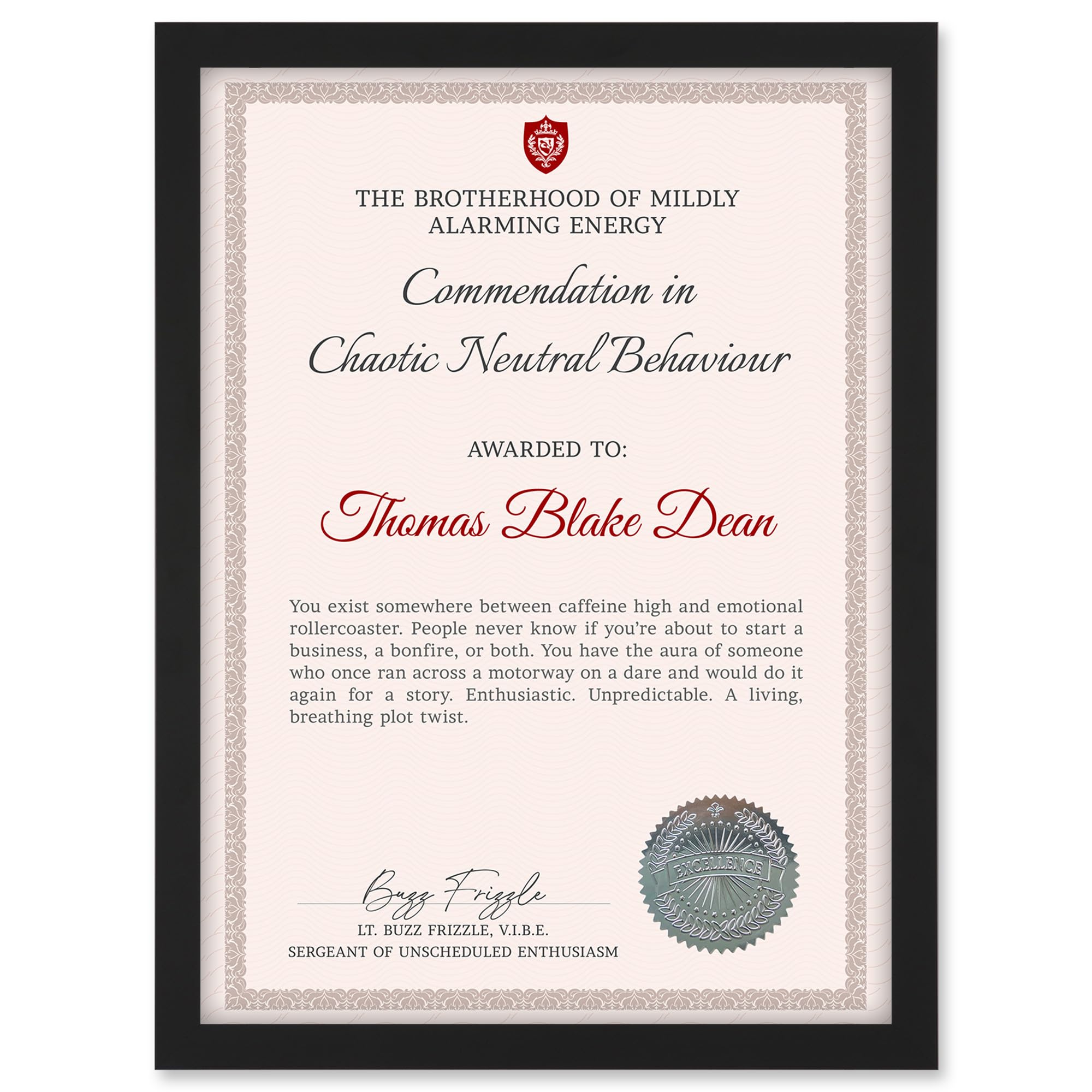 Artery8 Personalised Fun Fake Certificate Chaotic Neutral Behaviour Funny Gag Roast Fun Joke Unpredictable A4 Black Framed Diploma Novelty Award