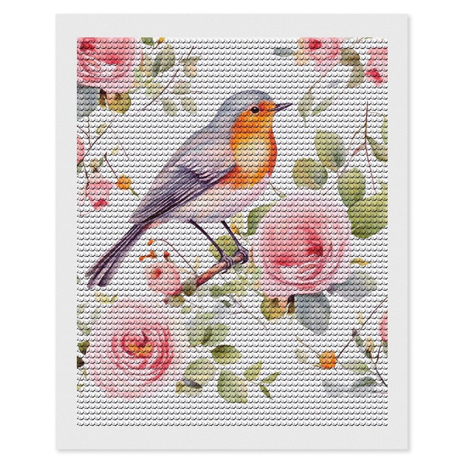 DWVTSLH Floral Print Watercolor Robin Bird Diamond Painting Kits for Adults, Personalized Diamond Photo Art Full Drill, DIY 5D Diamond Art Painting Kits for Beginners, Home Wall Decor 16"x20"