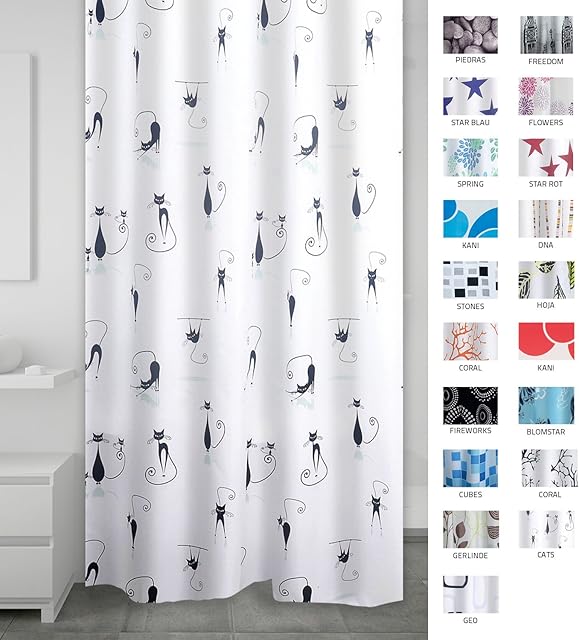 Ridder 403230-00 shower curtain textile, approx. 180x200 cm, Cats, white/black