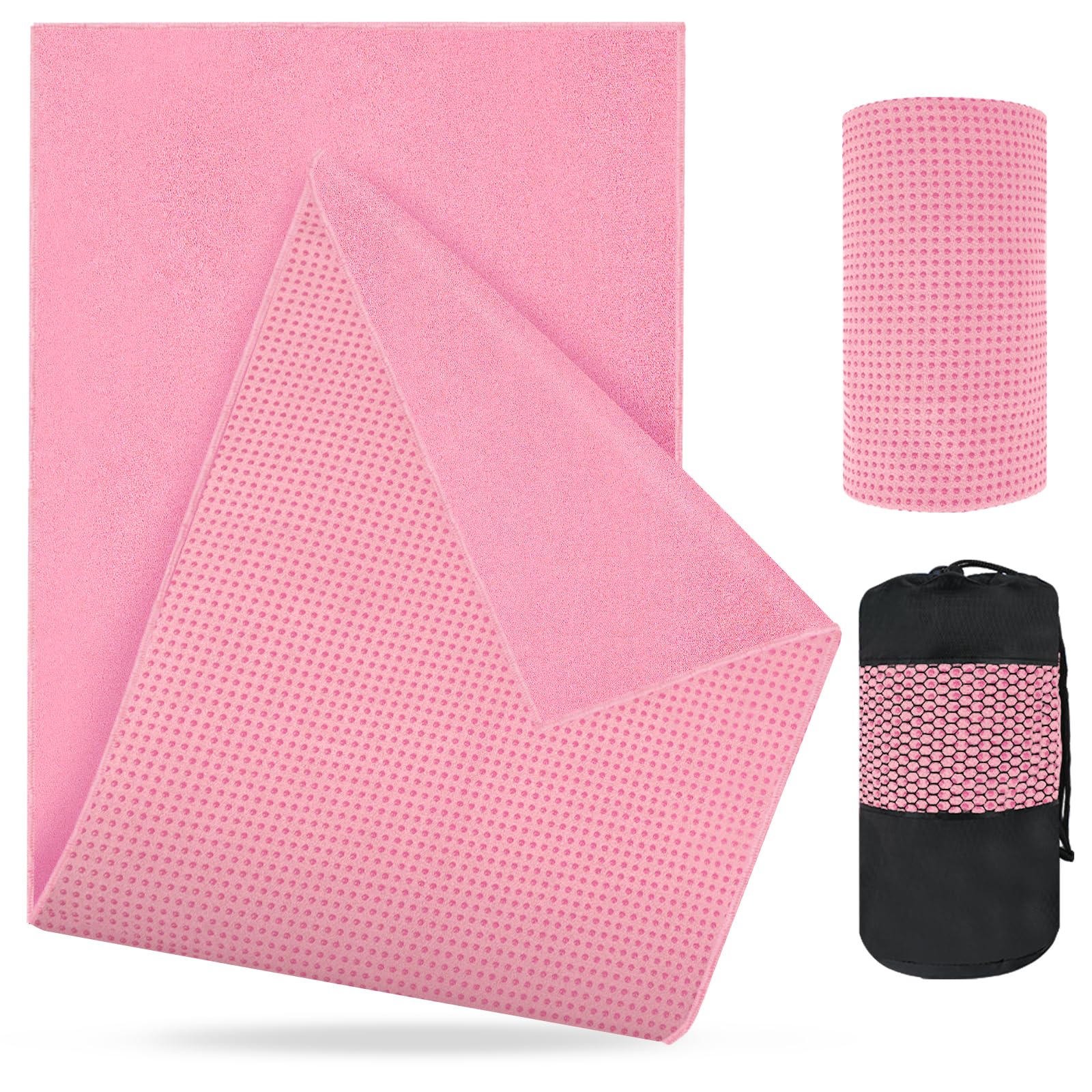 flintronic Yoga Towel, Yoga Mat Towel with Grip Silicone Dots, Microfibre Yoga Blanket Towel, Soft & Breathable, with Quick Dry Yoga Towels and Mesh Carry Bag, for Bikram, Pilates - 183x63cm