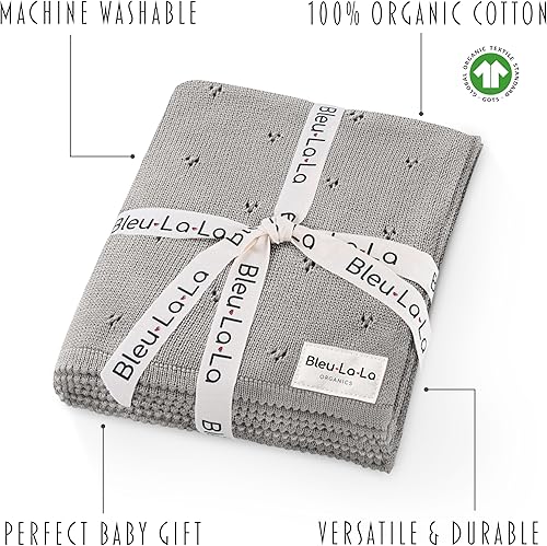 Miniatura 3 de Bleu La La Manta unisex orgánica Pointelle para niños y niñas, 100% algodón orgánico de lujo, tejido cálido y acogedor, manta de cuna para recién