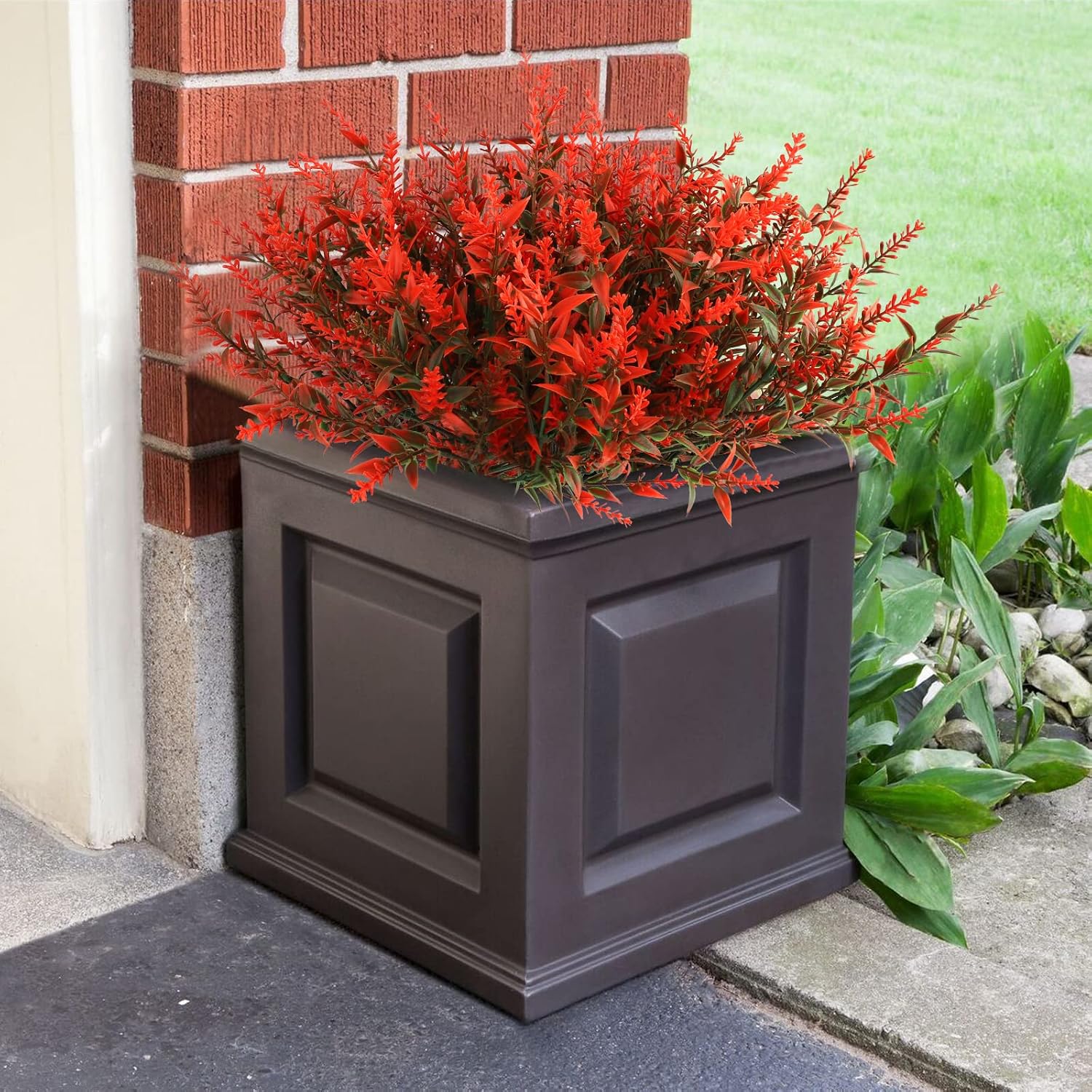 Linkstyle 8 Bundles Artificial Lavender Flowers, UV Resistant Faux Plastic Plants, Artificial Greenery Lavender, Fake Shrubs Flowers for Indoor Outdoor Home Garden Porch Window Box Decor, Orange Red