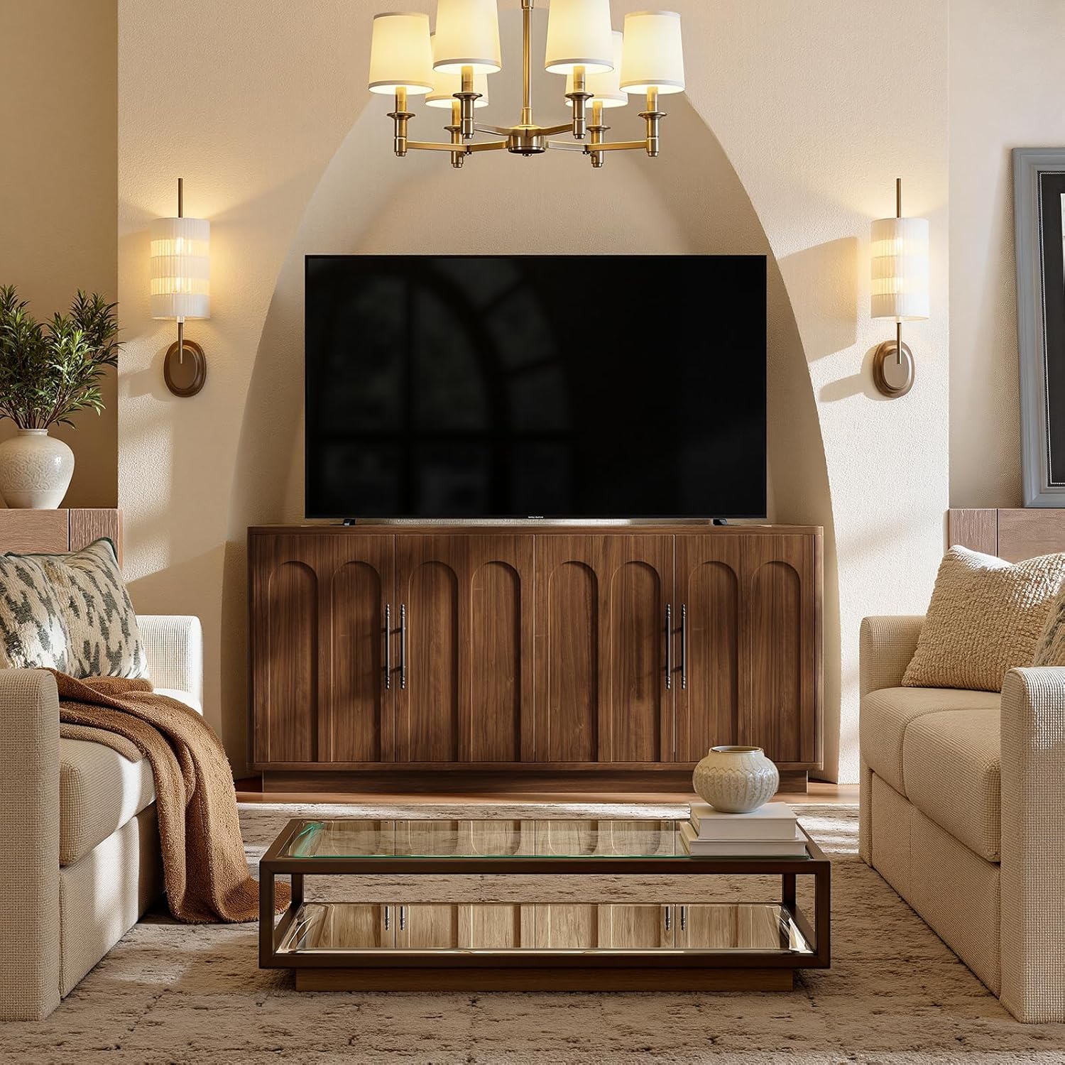 Evermagin 67" Arched Walnut Buffet Cabinet with Storage, Large Credenza with 4 Doors, Wood Mid Century Modern Sideboard for Kitchen and Living Room (67"*31.5"*15.7")