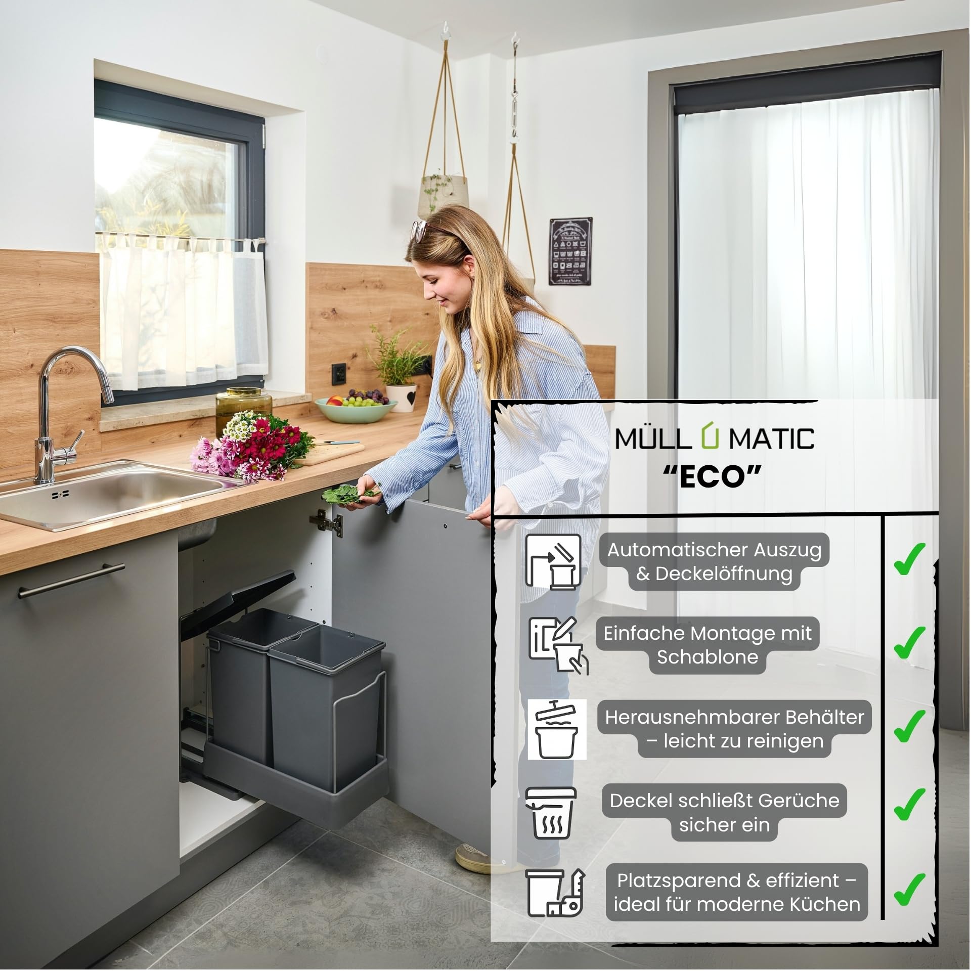 Aspira Home Müllomatic ECO 1 | Inteligentny kosz na śmieci do zabudowy do kuchni, wysuwany, kosz na śmieci do szafki dolnej z automatycznym wysuwaniem przy otwieraniu drzwi, 1 x pojemnik na odpady 20