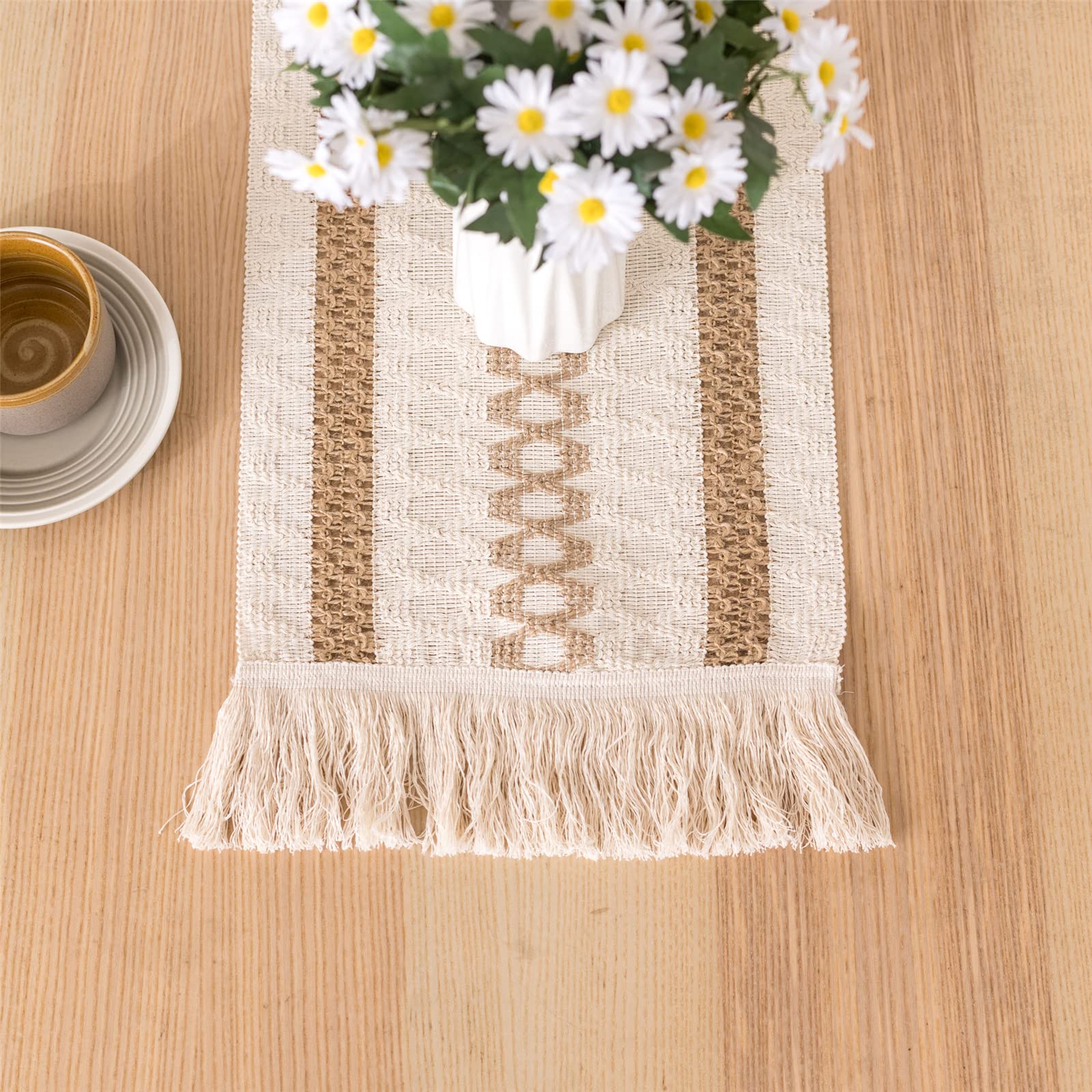 Farmhouse Macrame Table Runner 108 Inch With Tassels - Bohemian Style for Dining Kitchen Table Decor