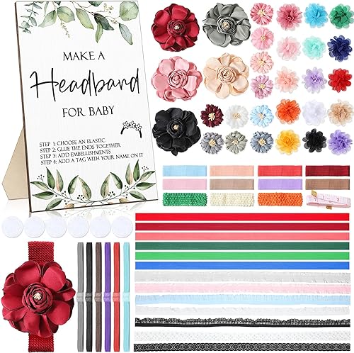 Geosar Kit de diadema para baby shower, incluye letrero de madera con 60 cintas elásticas de flores bonitas, 10 telas redondas con cinta para el