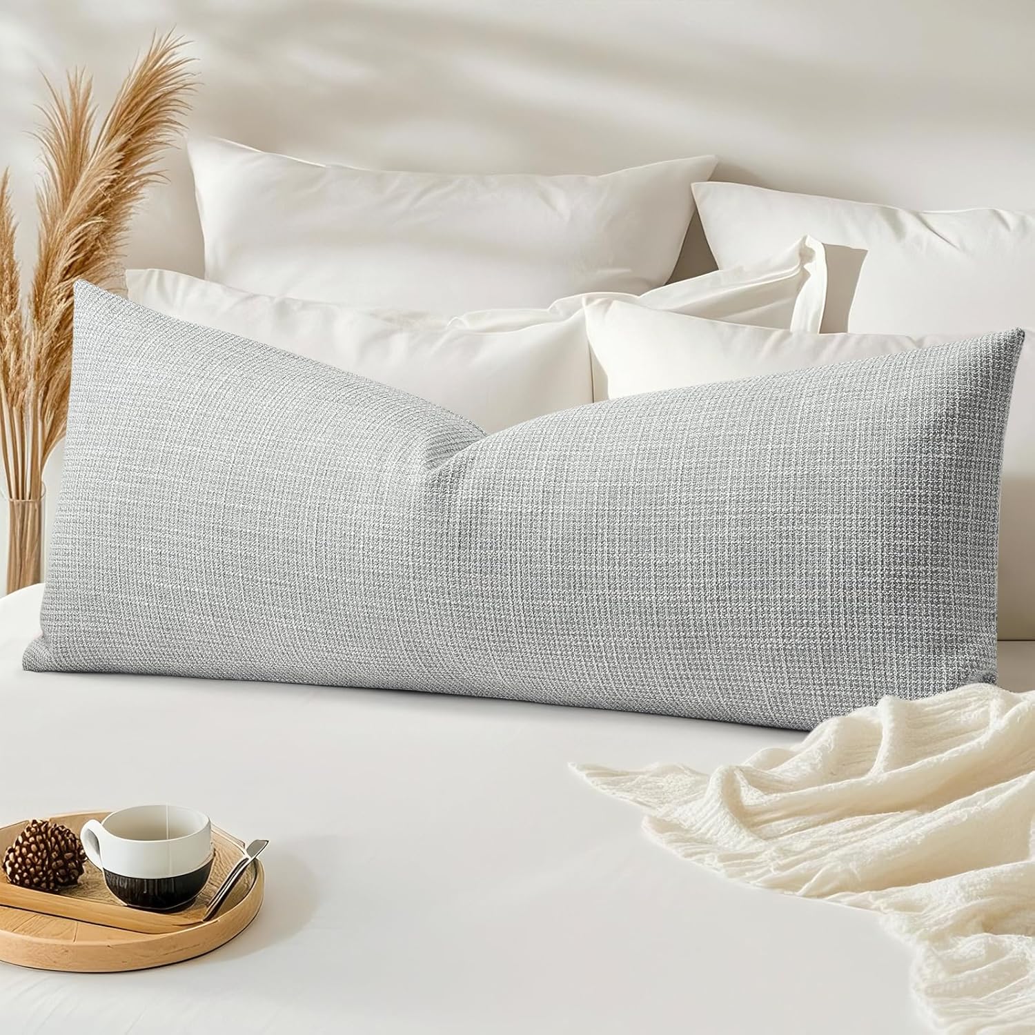 OTOSTAR Linen Throw Pillow Cover Set of 1 Decorative Long Lumbar Pillowcase Rectangle Cushion Cover 14x36 Inch for Home Decor Sofa Bedroom Car 35 x 90CM Light Grey