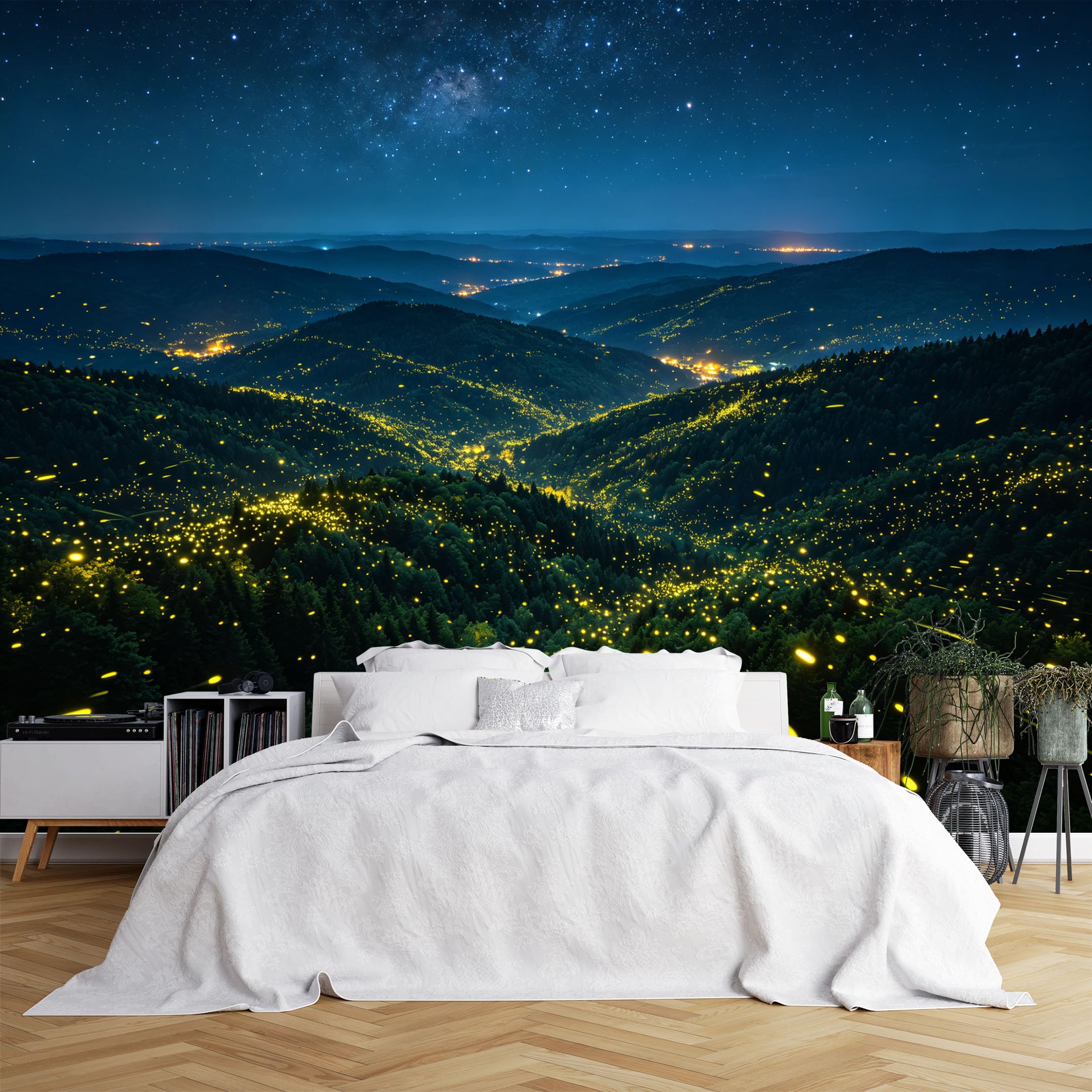 Lcythiazole Ch260615117 Custom Size Wall Murals Starry Mountain Valley Glowing Firefly Night Scene Wall Murals Vivid Night Landscape Wallpaper Large Photo Wallpaper Self-Adhesive Removable Wallpaper