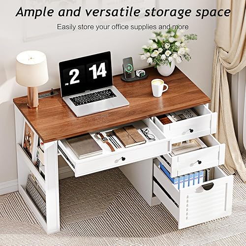 Miniatura 3 de Escritorios de oficina en casa de 47 pulgadas, escritorio ejecutivo, escritorio para computadora de granja con cajones y estación de carga, cajón de
