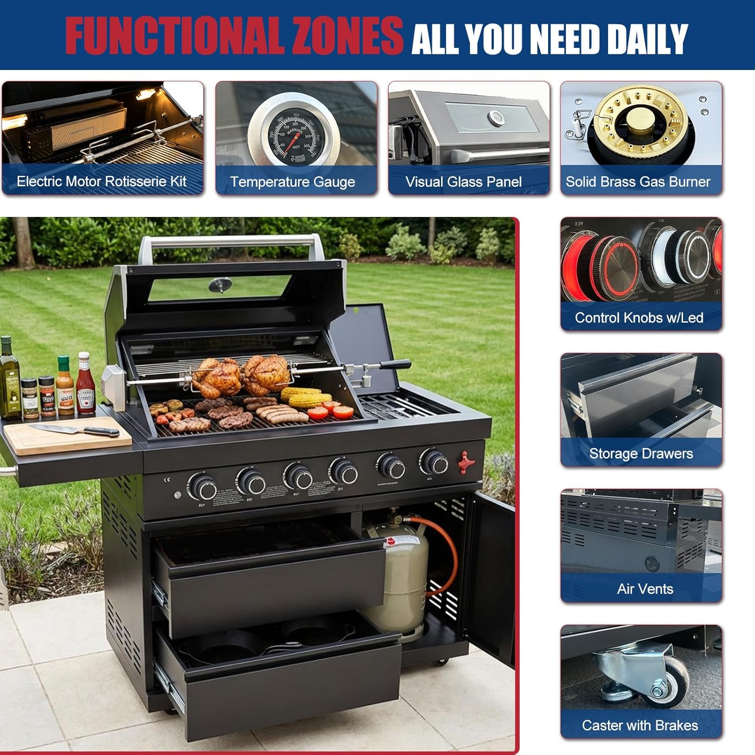 59-Inch Outdoor Kitchen BBQ Gas Grill Island, 4 Main Burners Propane Grill, 75,300 BTU Stainless Steel Barbecue Grill with Conversion Kit, LP Gas & Natural Gas Convertible for Outdoor Cooking