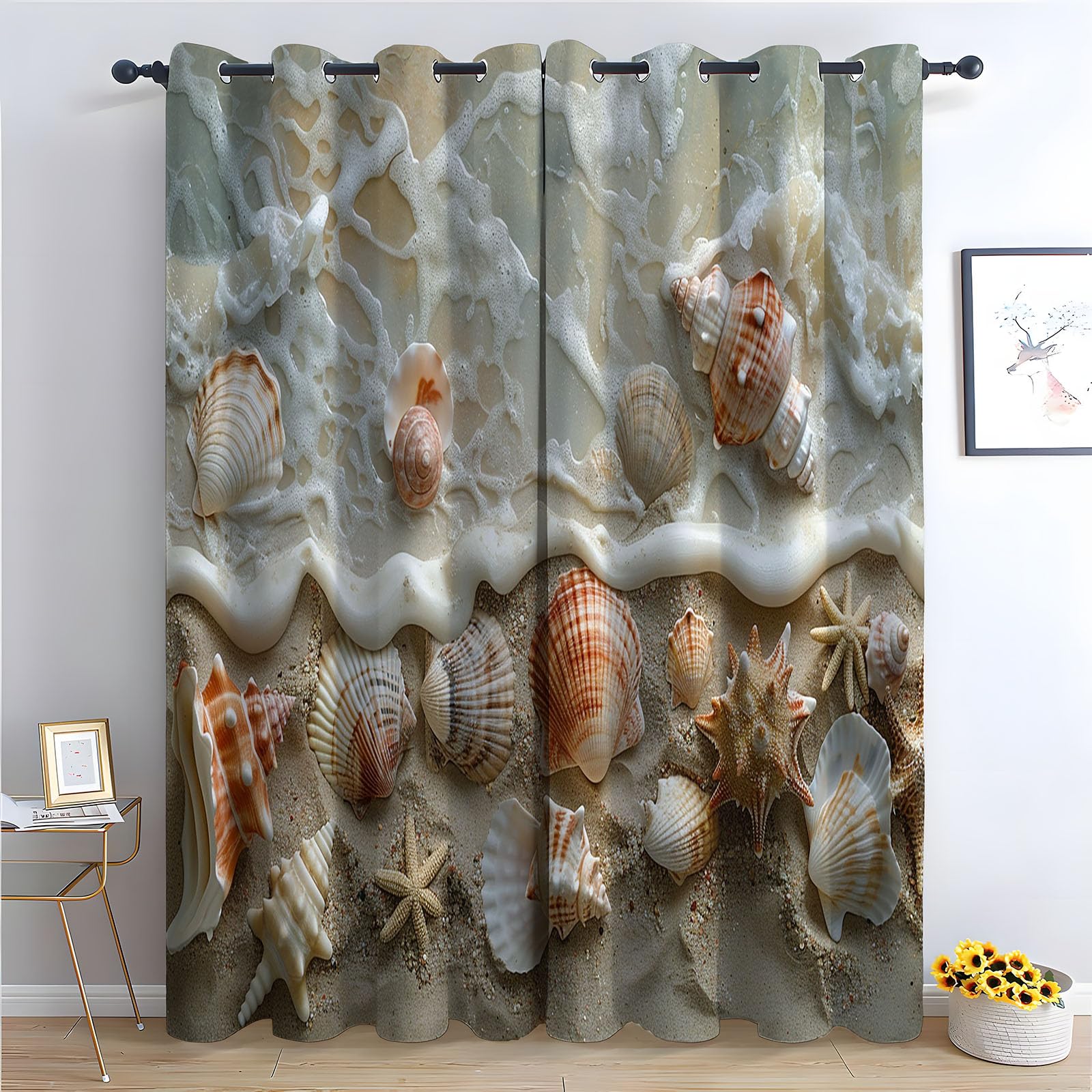 TERUEA Curtains for Bedroom Living Room Contemporary Artistic Landscape Window Treatments, Beach seashell soft ocean natural Mountain Curtains-52 W x 120" L (Pack of 2)