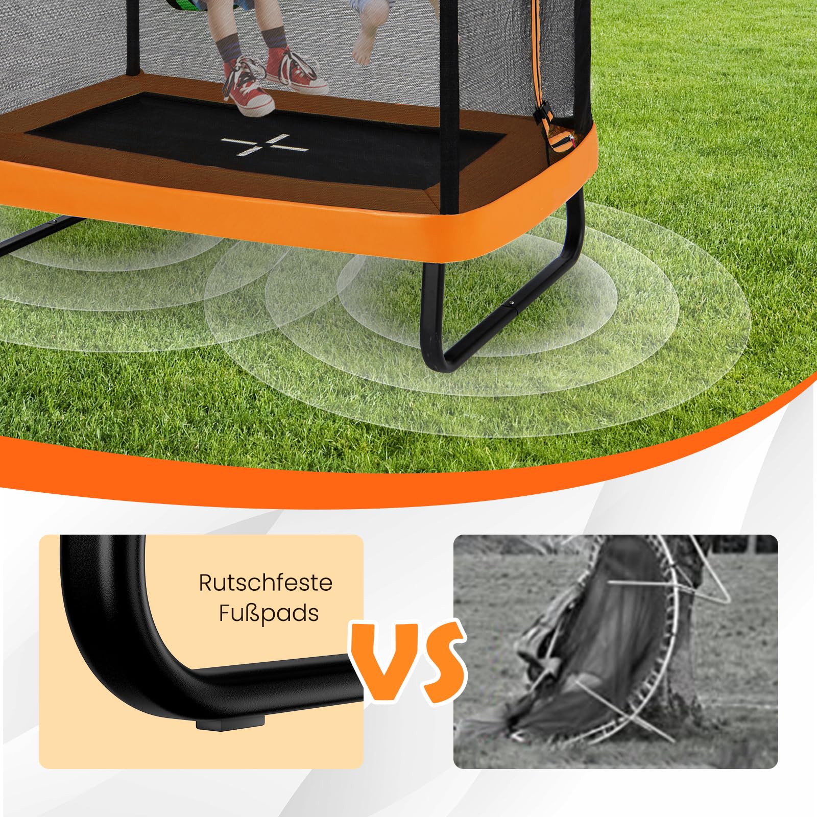 GYMAX 2 in 1 Trampolin, Freizeittrampolin mit Schaukel & Sicherheitsnetz, Kindertrampolin, Gartentrampolin, Outdoor-Trampolin für Kinder ab 3 Jahren, 190x122x210 cm