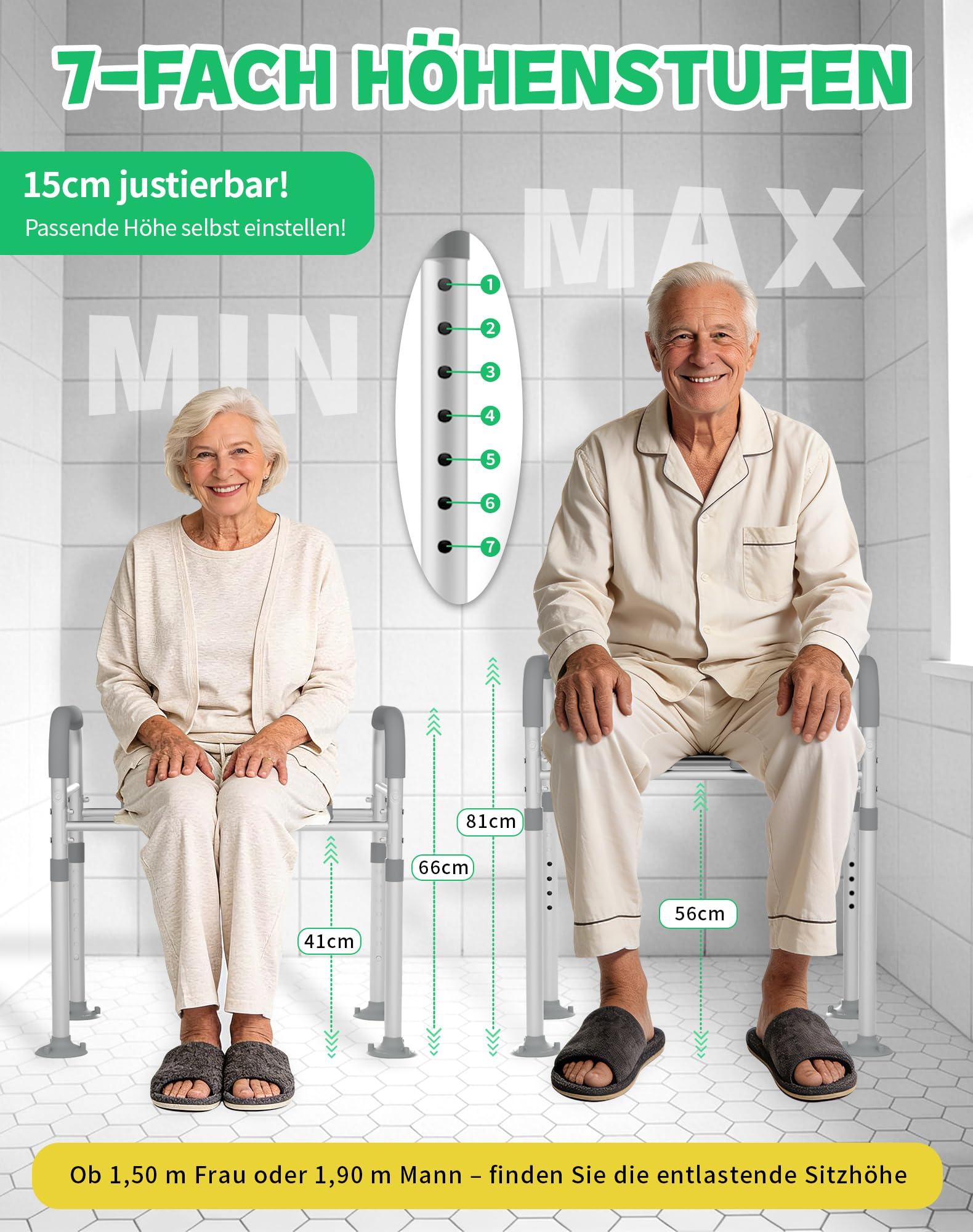 Toilettensitzerhöhung mit Armlehnen 15cm WC Sitzerhöhung Toilettenaufsatz für Senioren Erhöhter Toilettensitz 7 verstellbar Höhe Toilettenerhöhung für Erwachsene Aufstehhilfe Toilette bis zu 150kg