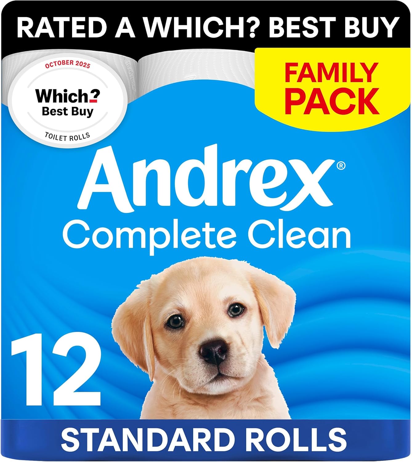 Andrex Complete Clean Toilet Tissue 12 Rolls (Previously Andrex Classic Clean) Unbeatable Toilet Paper with Unique 3D Wave, FSC Certified