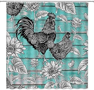 Sunhe Rustic Farmhouse Chicken Shower Curtain Sunflower Rooster Cock Country Vintage Teal Barn Door Westrn Farmhouse Fabric Curtain Sets with Hooks,70x70 Inch,Teal Black Gray