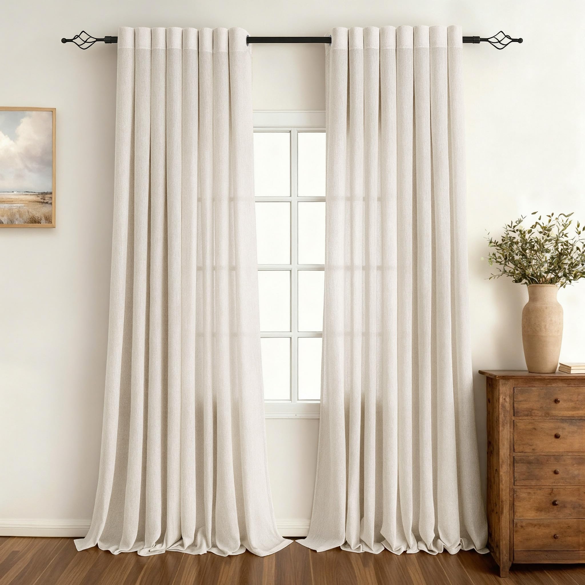 MYSKY HOME Zasłony lniane z oczkami, zasłony o wyglądzie lnu, nowoczesne, półprzezroczyste, do salonu, dekoracyjne, do kuchni, sypialni, naturalny kolor, 140 x 245 cm, zestaw 2 sztuk