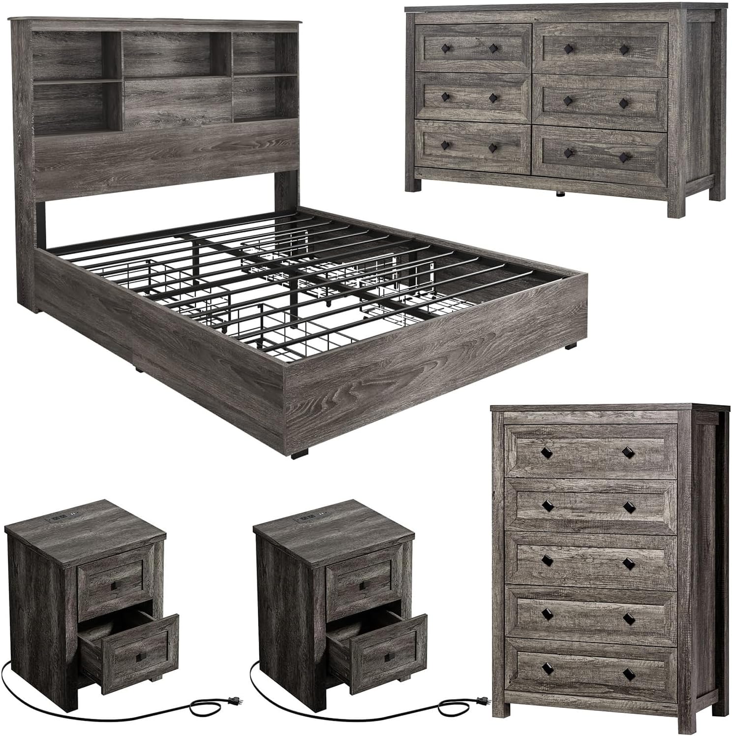 5-Piece Farmhouse Bedroom Set, 1 X Queen Size Bed Frame, 1 X 5 Drawer Dresser, 1 X Wood Rustic 6 Drawer Storage Dresser, Nightstand Set of 2 with Charging Station, Bedroom Furniture Set, Grey
