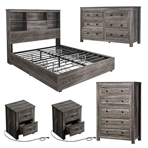 LUXOAK 5-Piece Farmhouse Bedroom Set, 1 X Queen Size Bed
