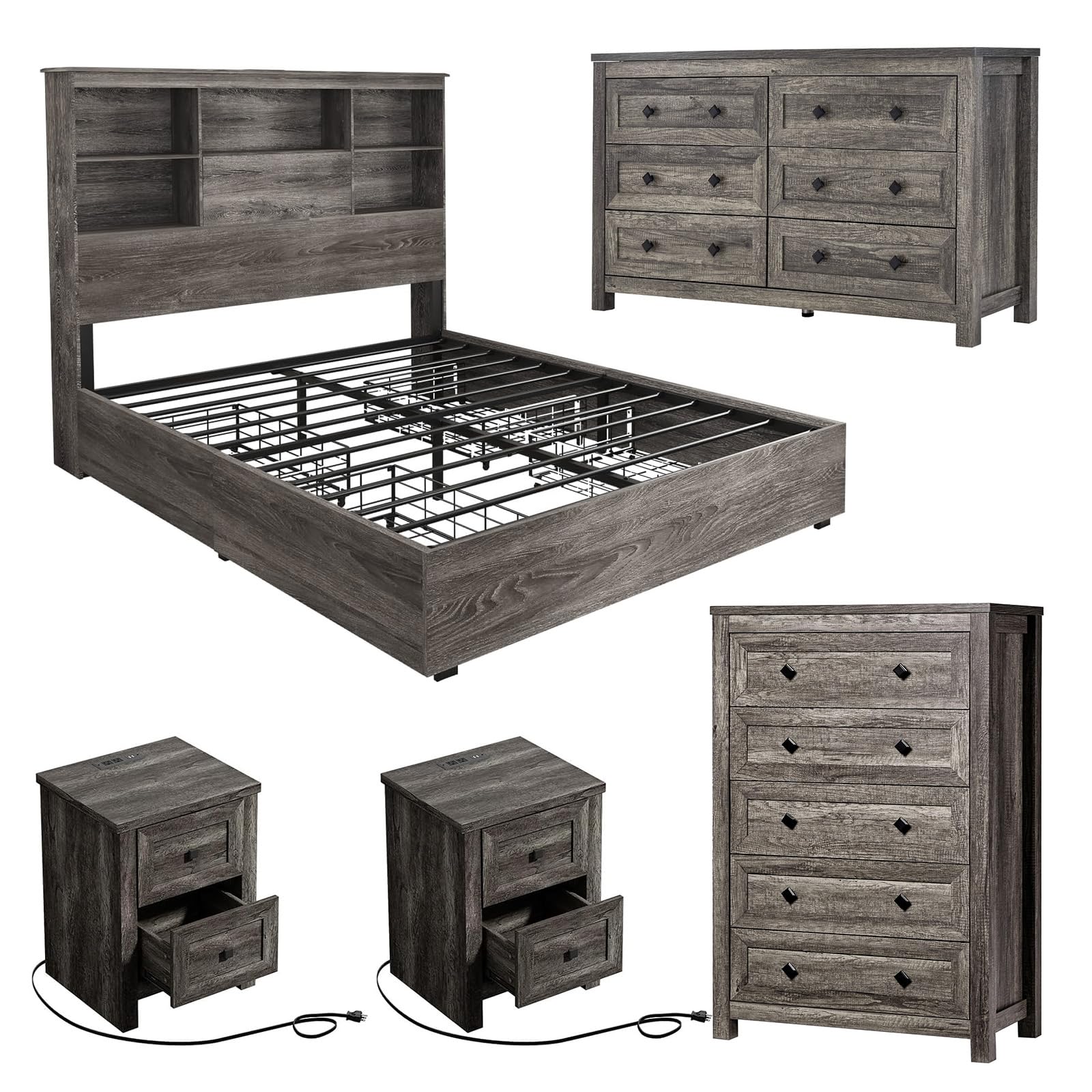 LUXOAK 5-Piece Farmhouse Bedroom Set in Grey
