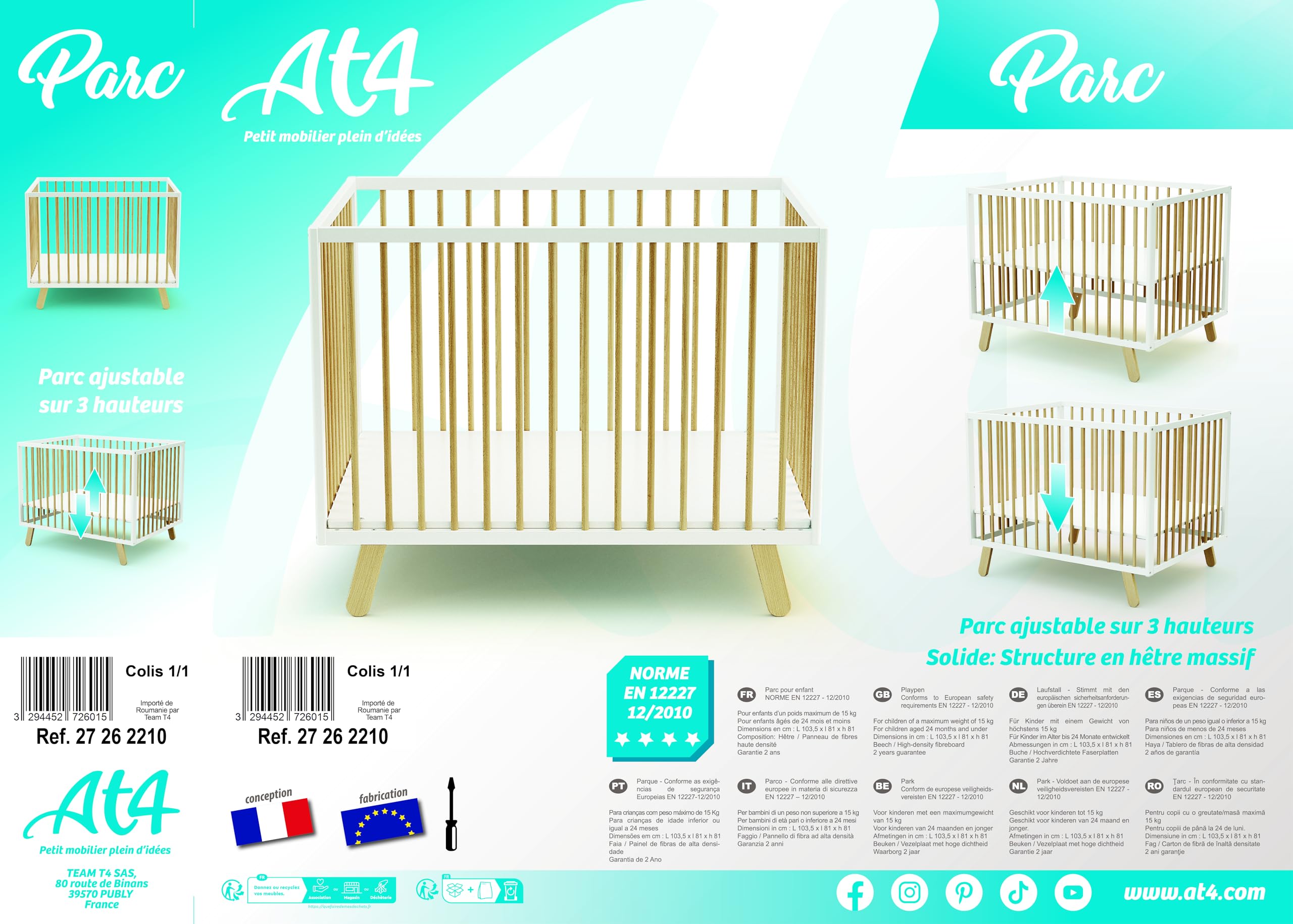 AT4 - Parc bébé Pirate en bois Blanc et Hêtre 80 x 100 cm | Fond réglable 3 hauteurs | Pour enfant jusqu'à 24 mois