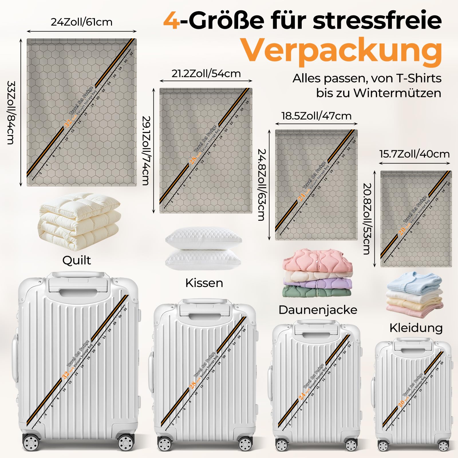Vakuumbeutel für Kleidung Reise mit Kabelloser Pumpe, Vakuumbeutel 20 Beutel (6Sx40x54cm、6Mx47x64cm、4Lx54x74cm、4XLx61x84cm), ideal für Reise & Aufbewahrung – Vacuum Bags for Clothing Travel & Storage