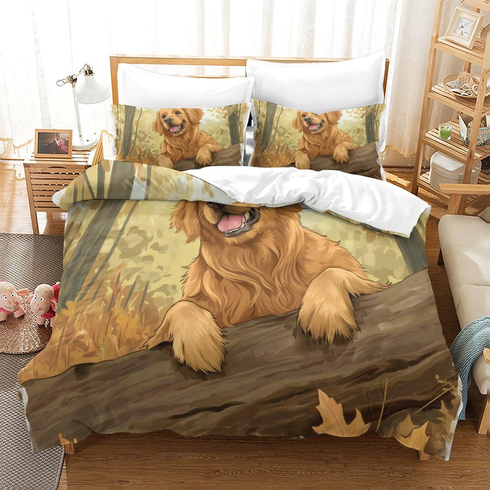 Housse de couette Golden Retriever 3D en microfibre premium avec taies d'oreiller