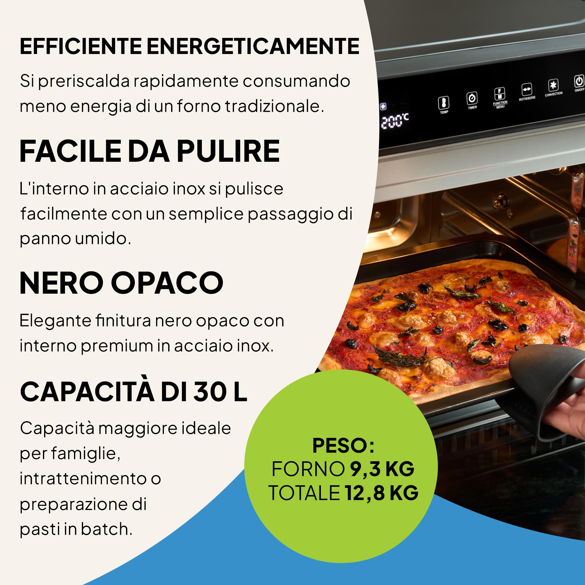 Fridja F77 Super Oven Pro 30L Forno friggitrice ad aria digitale LED premium con 18 programmi intelligenti, funzione girarrosto, potente, veloce, versatile, interno in acciaio inox, facile da pulire.