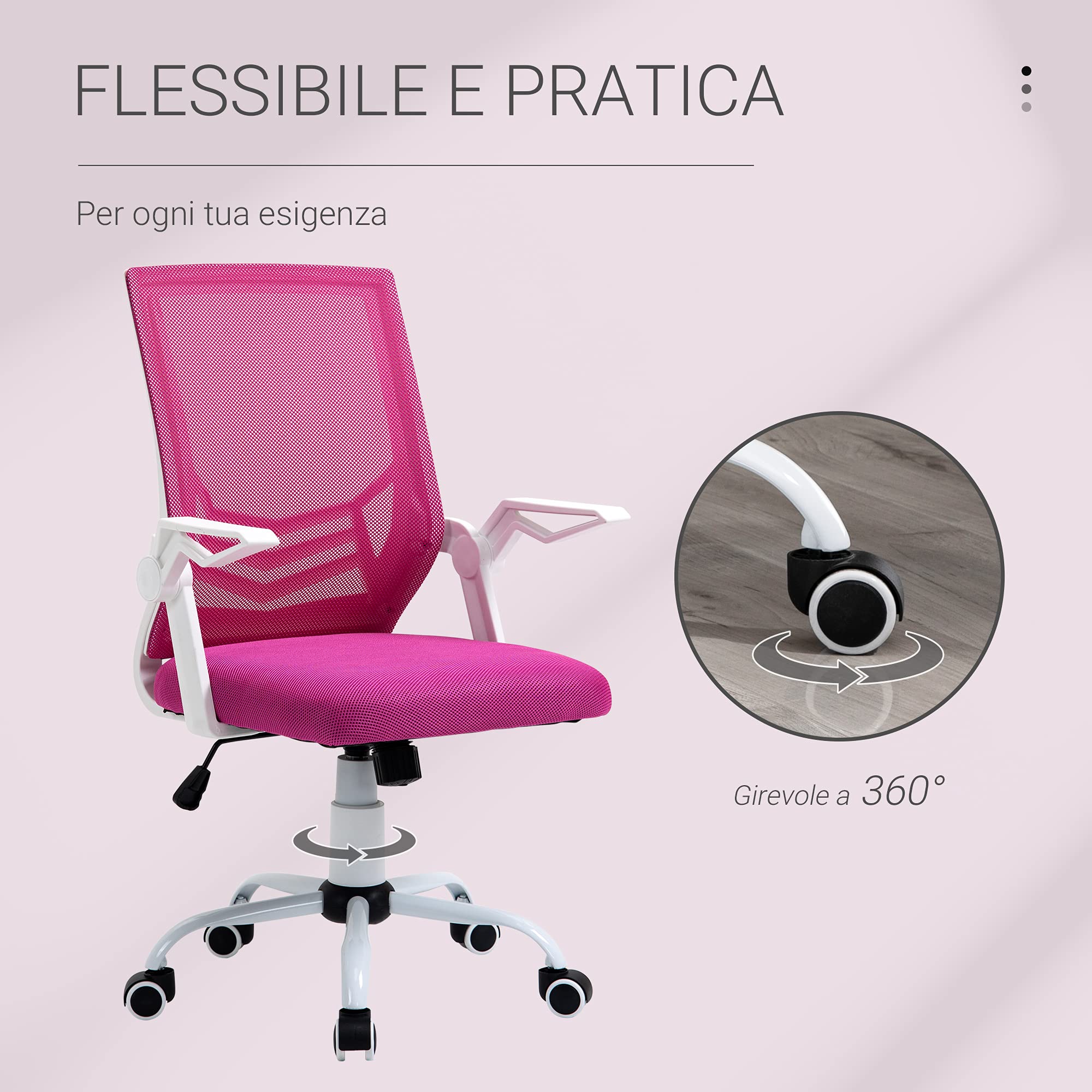 Vinsetto Sedia da Ufficio Ergonomica con Supporto Lombare 120kg Rosa | Braccioli Pieghevoli, Sedia da Scrivania Girevole, Rete Traspirante, Schienale Reclinabile, Altezza Regolabile