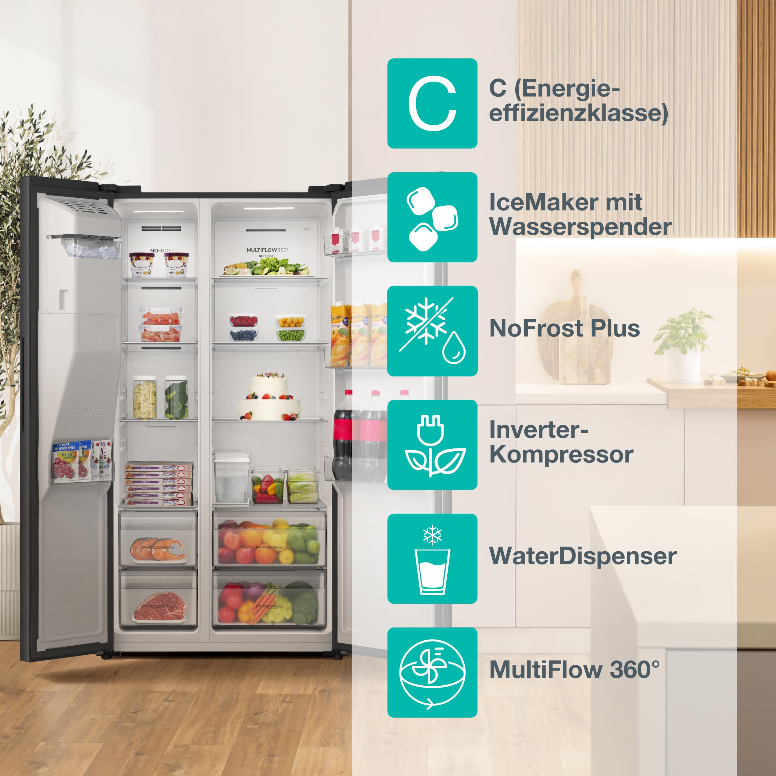 Gorenje NRS917C61BX Kühl-Gefrierkombination/Freistehend/Side-by-Side/ 528 Liter/EEK C/ 37dB/ Eis&Wasserspender/NoFrost Plus/MultiFlow 360°/ FastFreeze/ (B×H×T): 91,1 × 178,6 × 61,5 cm/Schwarz