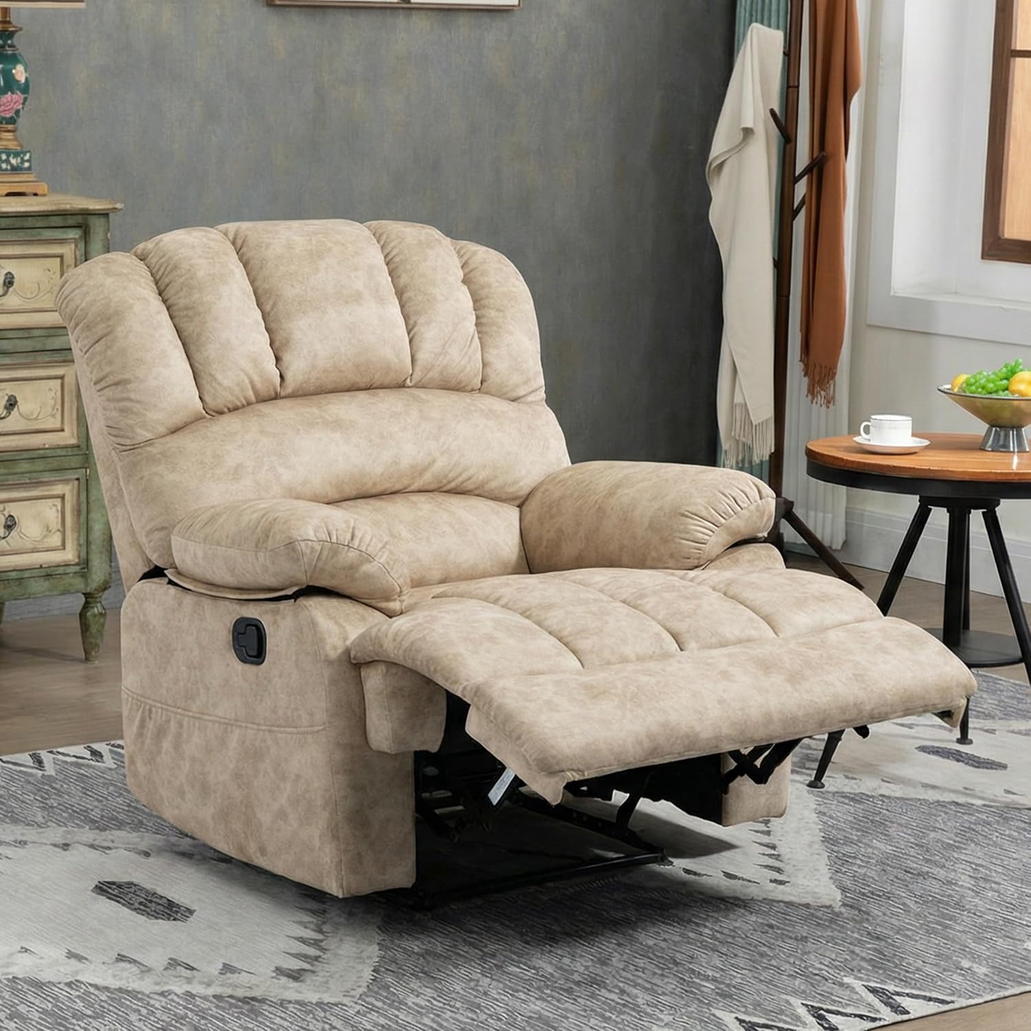 Manual Recliner Chair for Living Room, Single Sofa Recliners for Adults 350LBS, Heavy Duty Reclining Max 155 Degrees, Fabric Beige