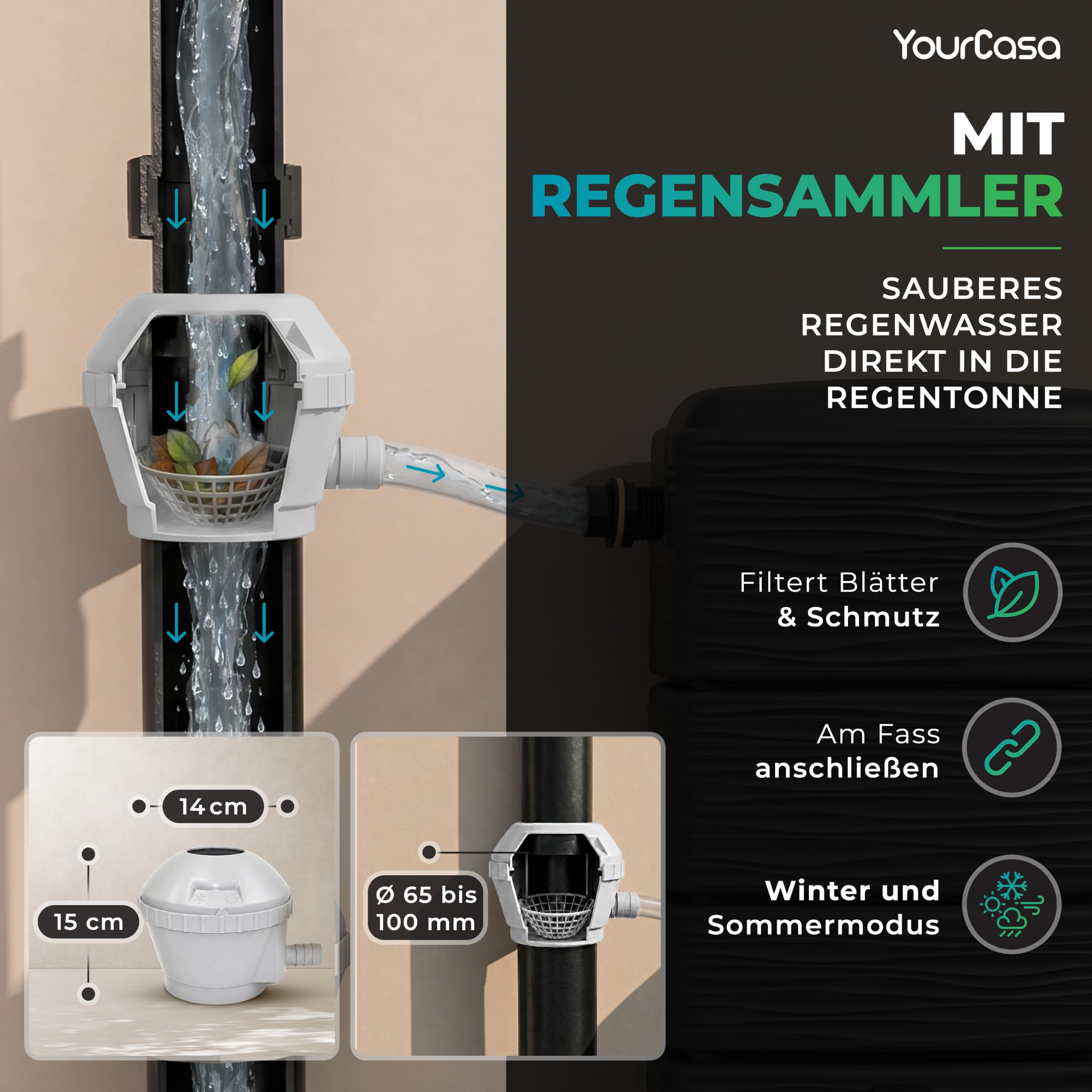 YourCasa AquaWall Regentonne 300 Liter Anthrazit – Schlanker Wandtank mit Regensammler Set, Regenwassertonne schmal & platzsparend 60x40x137cm, UV-beständig, Wasserhahn, Regenwasserbehälter für Garten