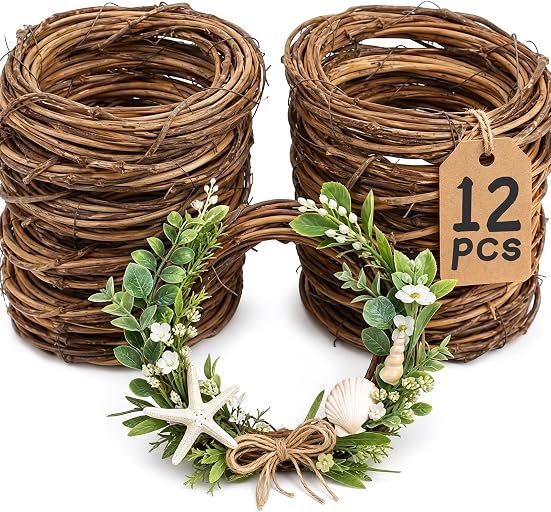 DOMESTAR 12 PCS Natural Grapevine Wreaths 4 Inch | Small Wreath for Wall Decor, Crafts, Rattan Twig DIY Fall Door Hanger, Home Decorations